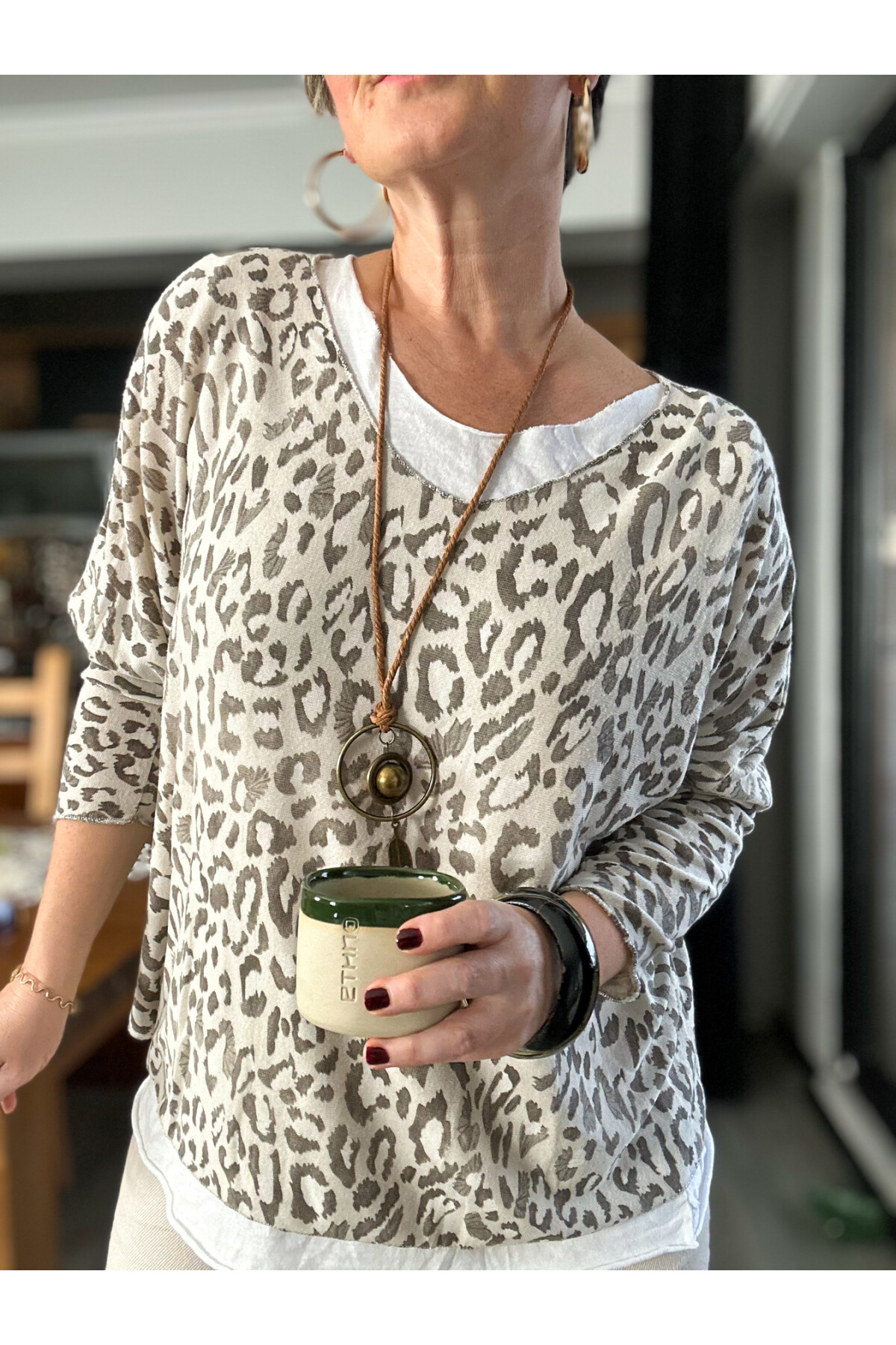 Fuggi Leopar Desen Kolyeli İtalyan Bluz Beige