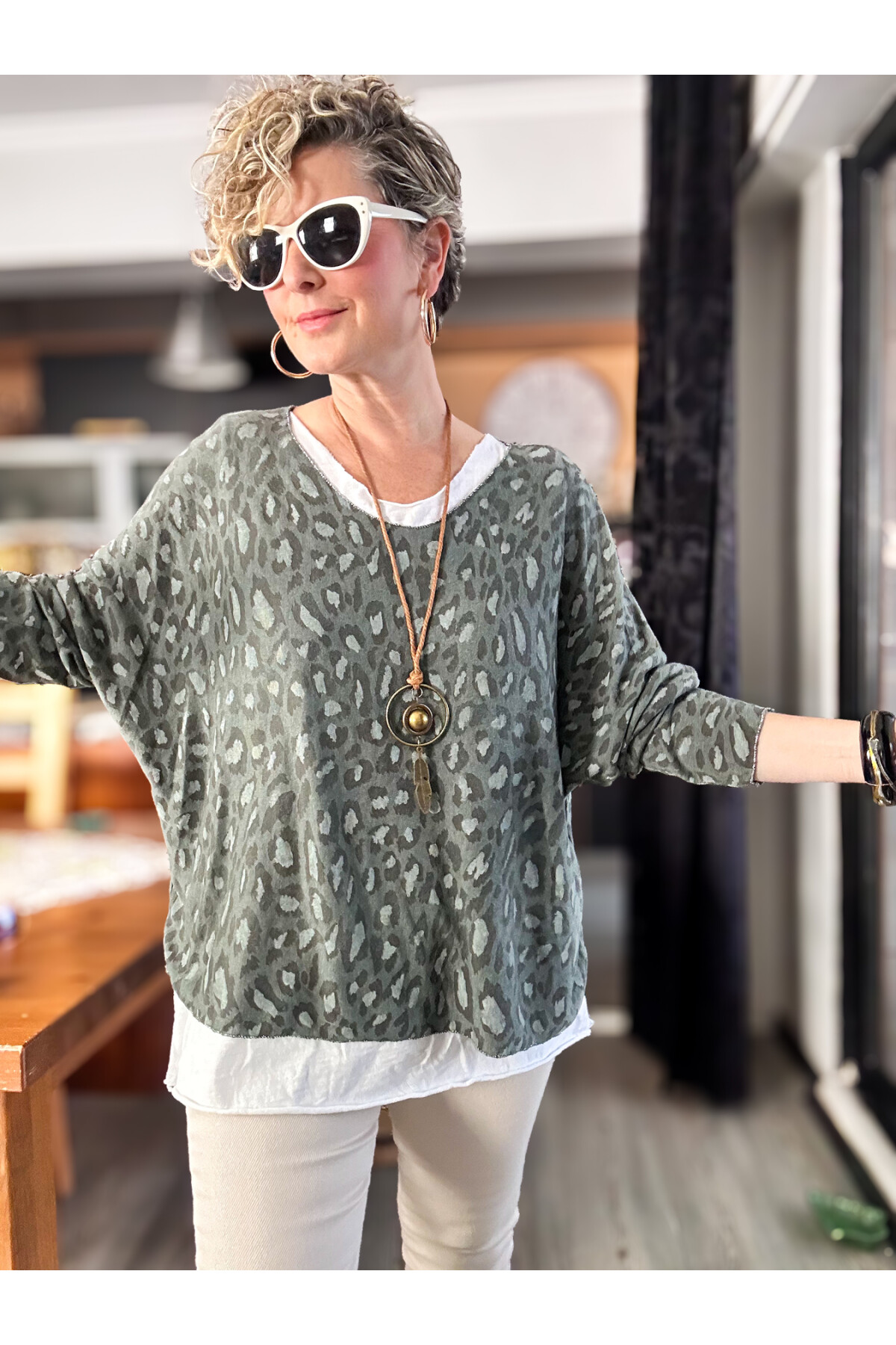 Fuggi Leopar Desen Kolyeli İtalyan Bluz Military