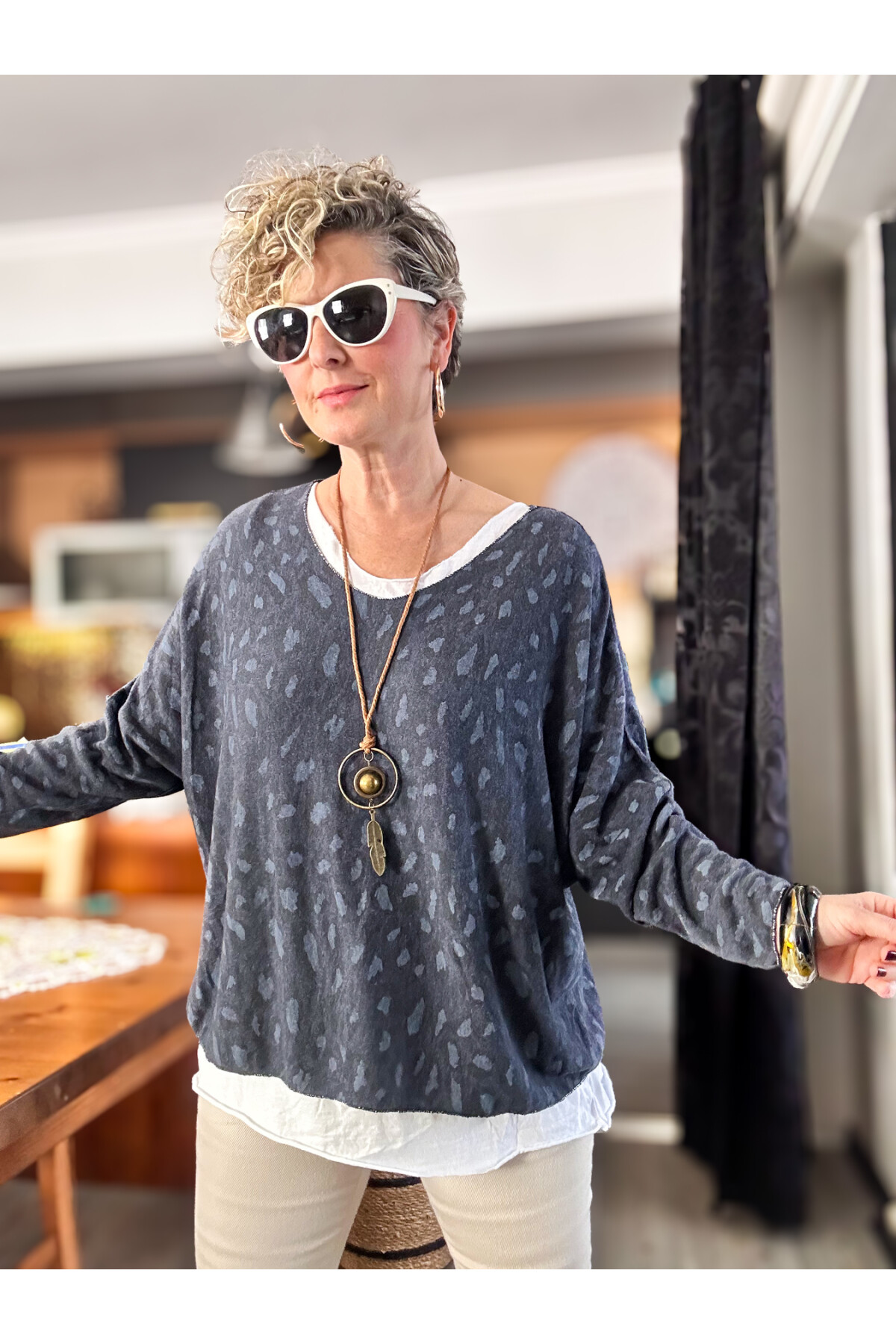 Fuggi Leopar Desen Kolyeli İtalyan Bluz Navy