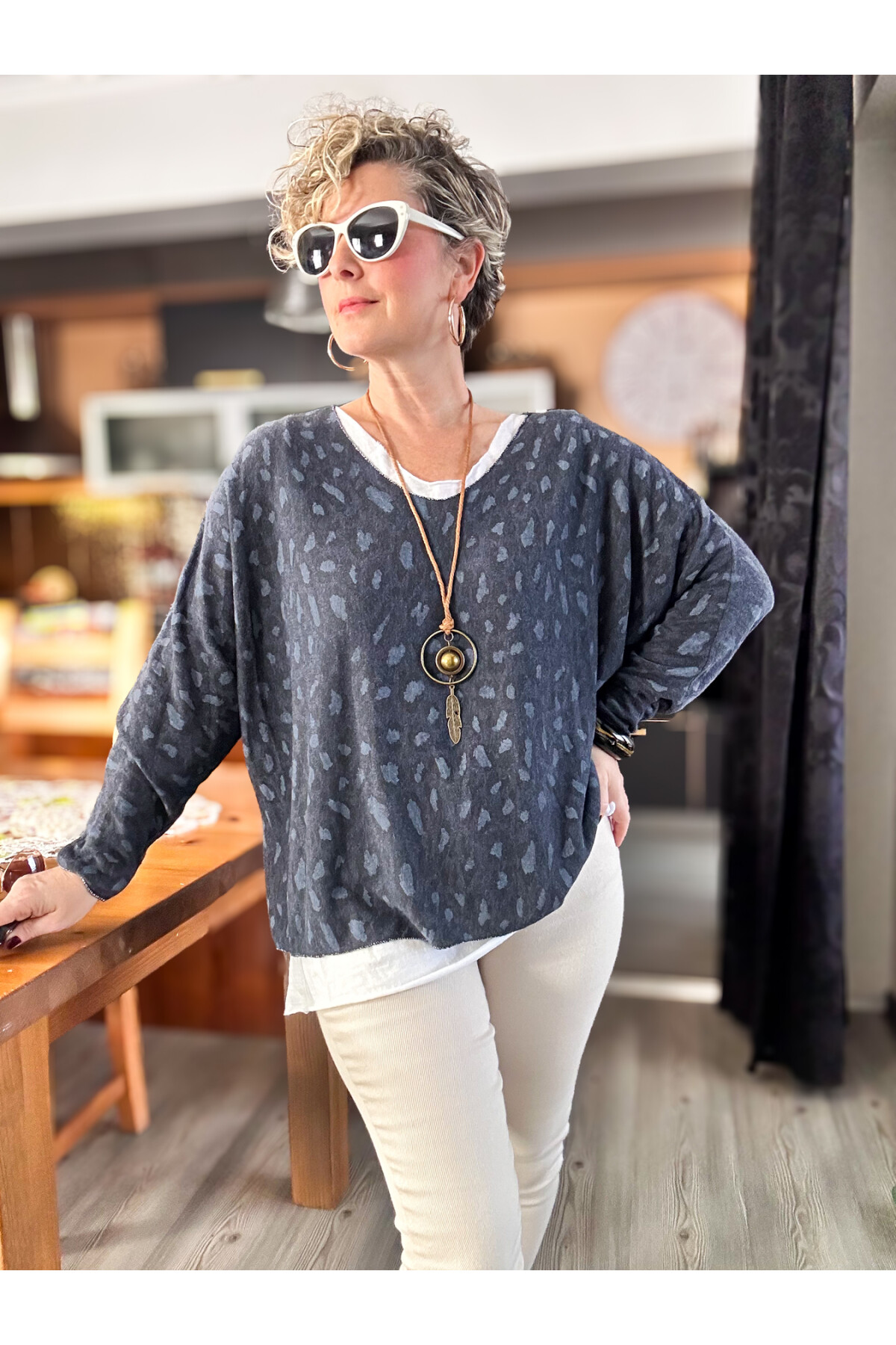 Fuggi Leopar Desen Kolyeli İtalyan Bluz Navy