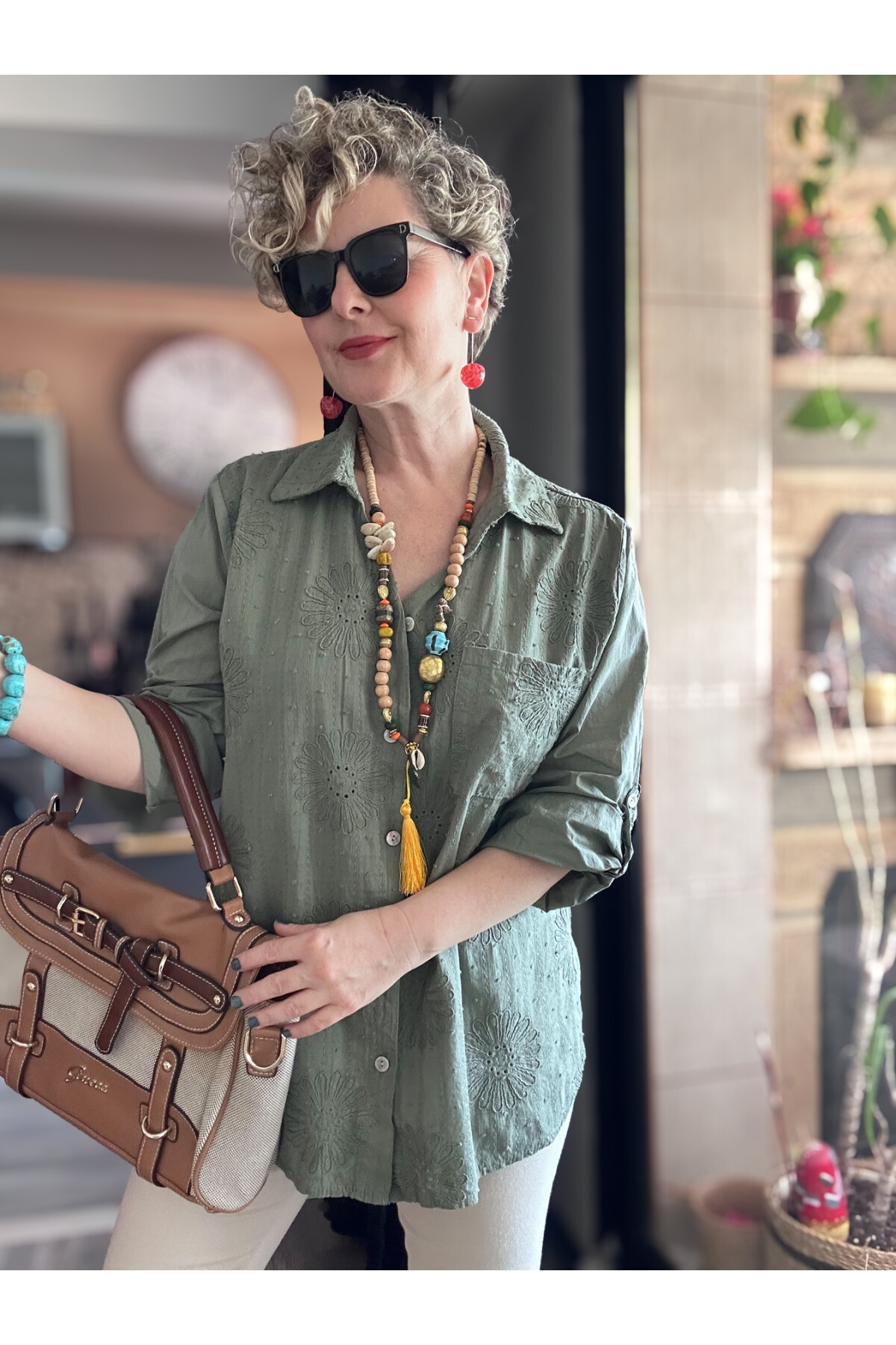 Gesso İtalyan Çiçek Fisto Detay Gömlek Haki