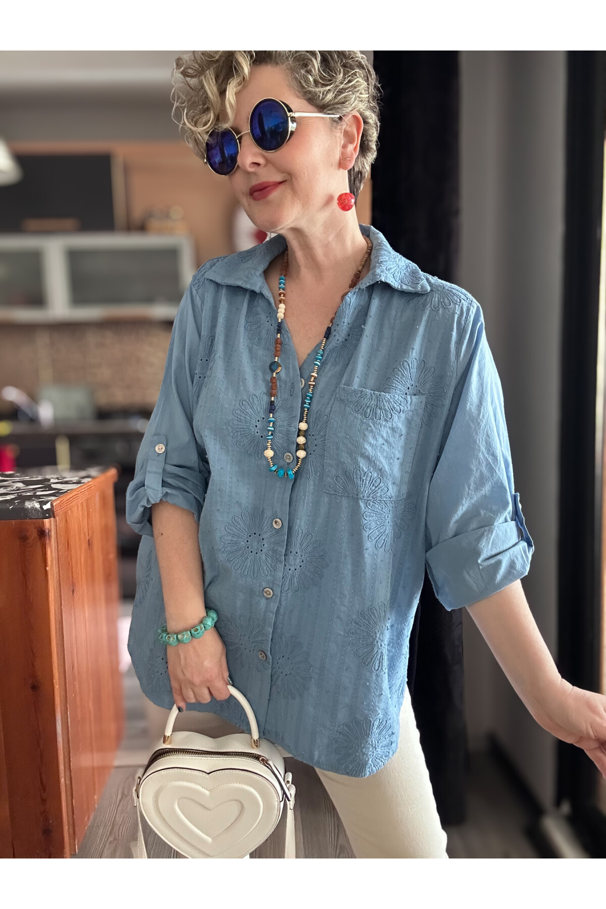 Gesso İtalyan Çiçek Fisto Detay Gömlek Mavi