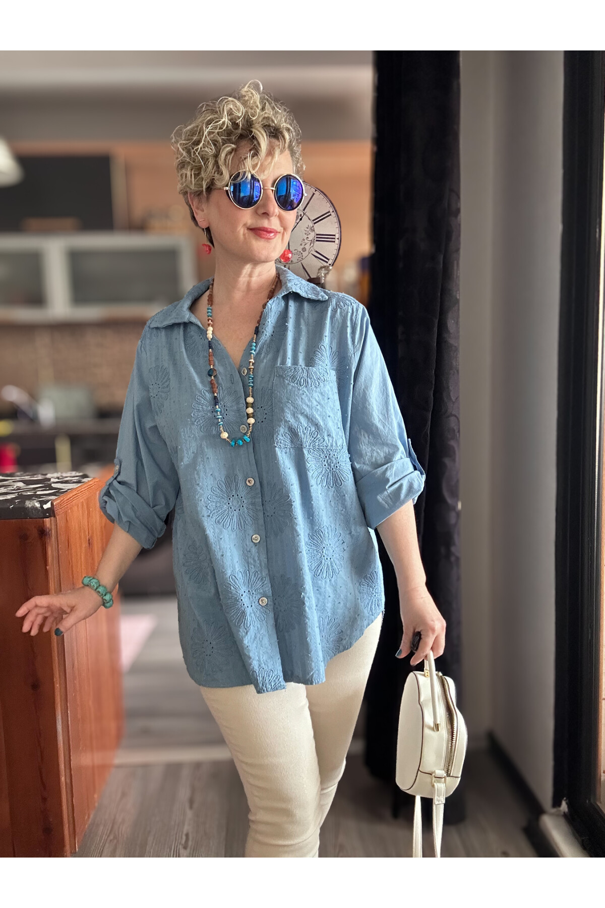 Gesso İtalyan Çiçek Fisto Detay Gömlek Mavi