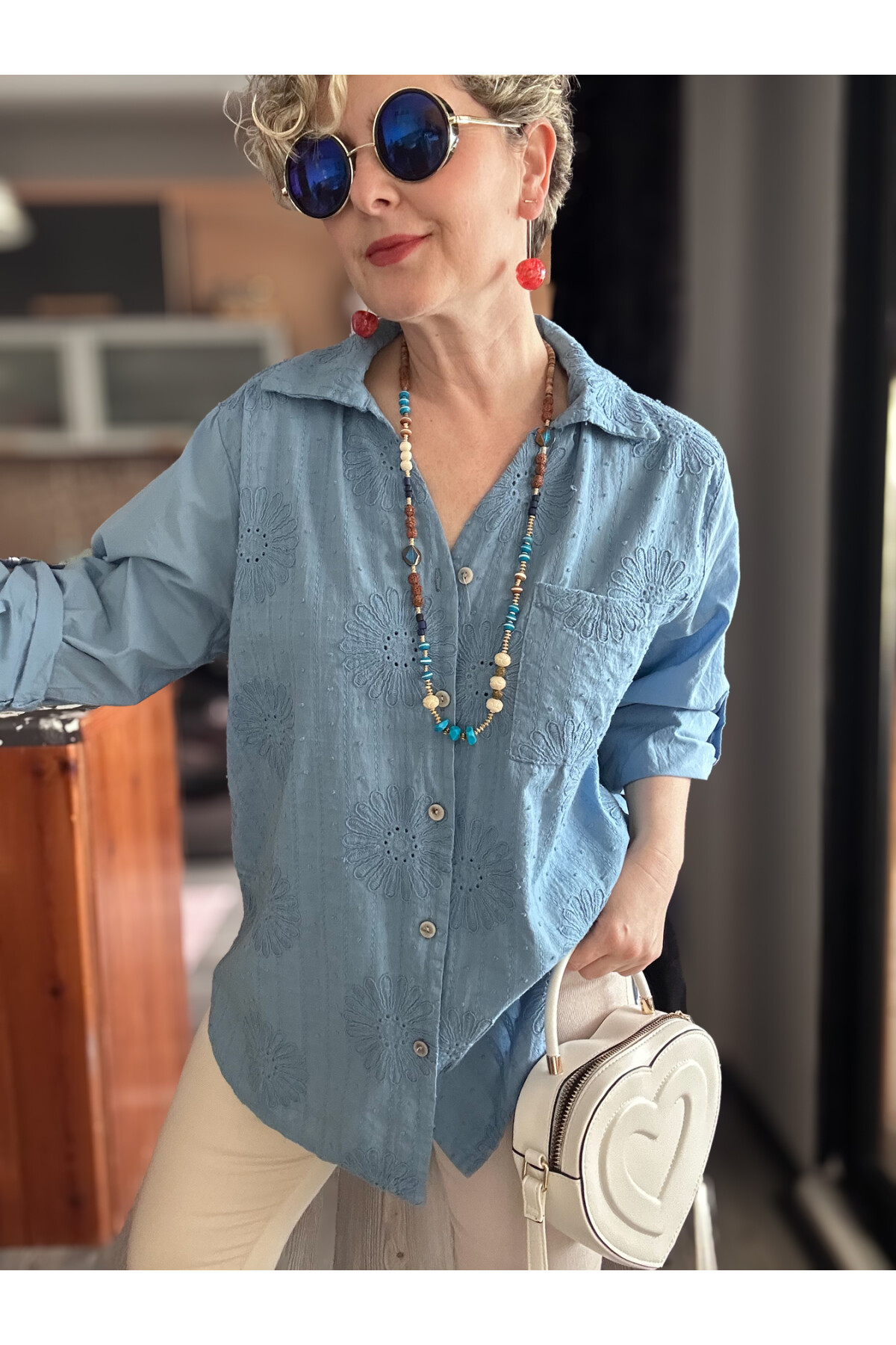 Gesso İtalyan Çiçek Fisto Detay Gömlek Mavi