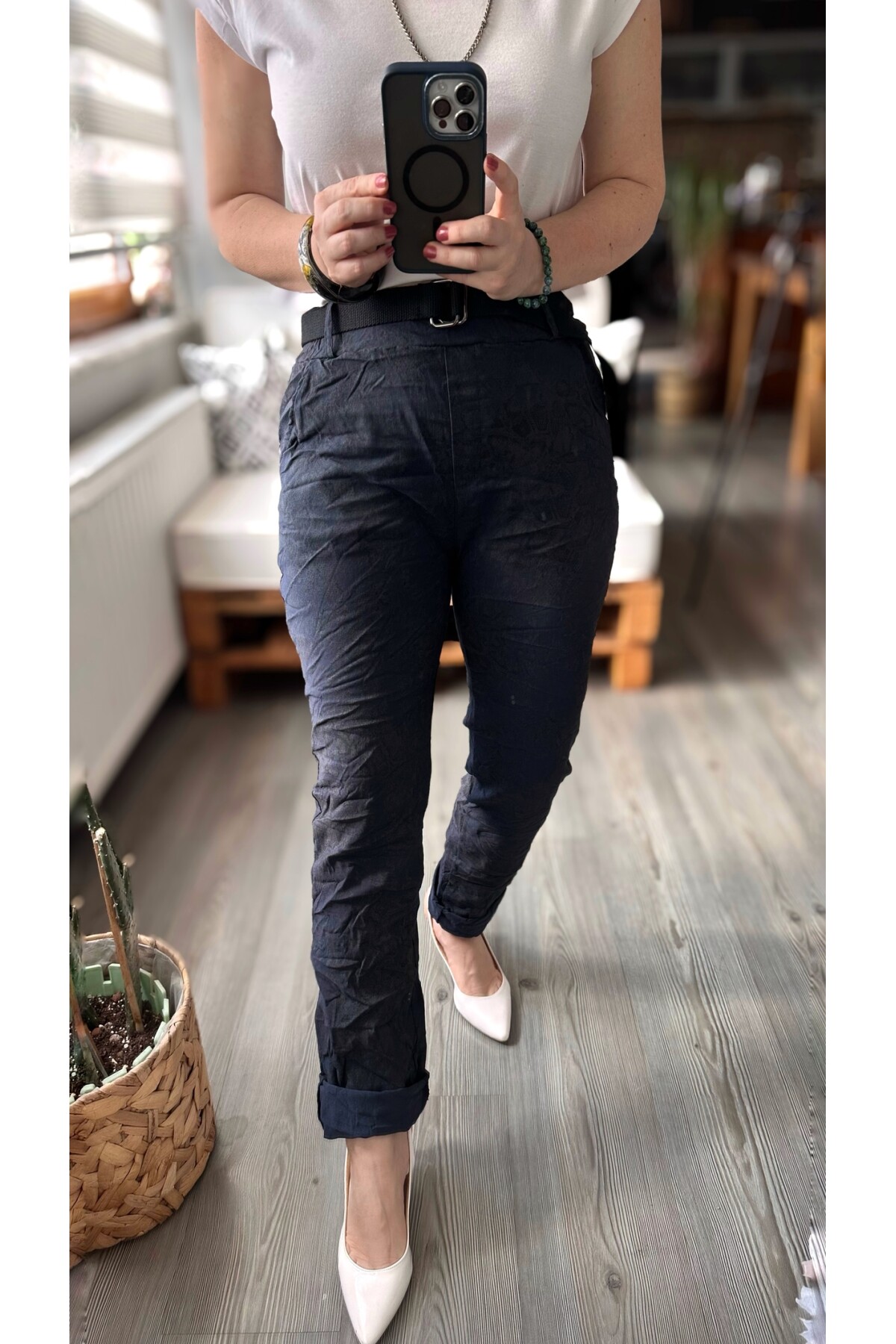 Gianni İtalyan Desen Detay Kemerli Sihirli Pantolon Navy