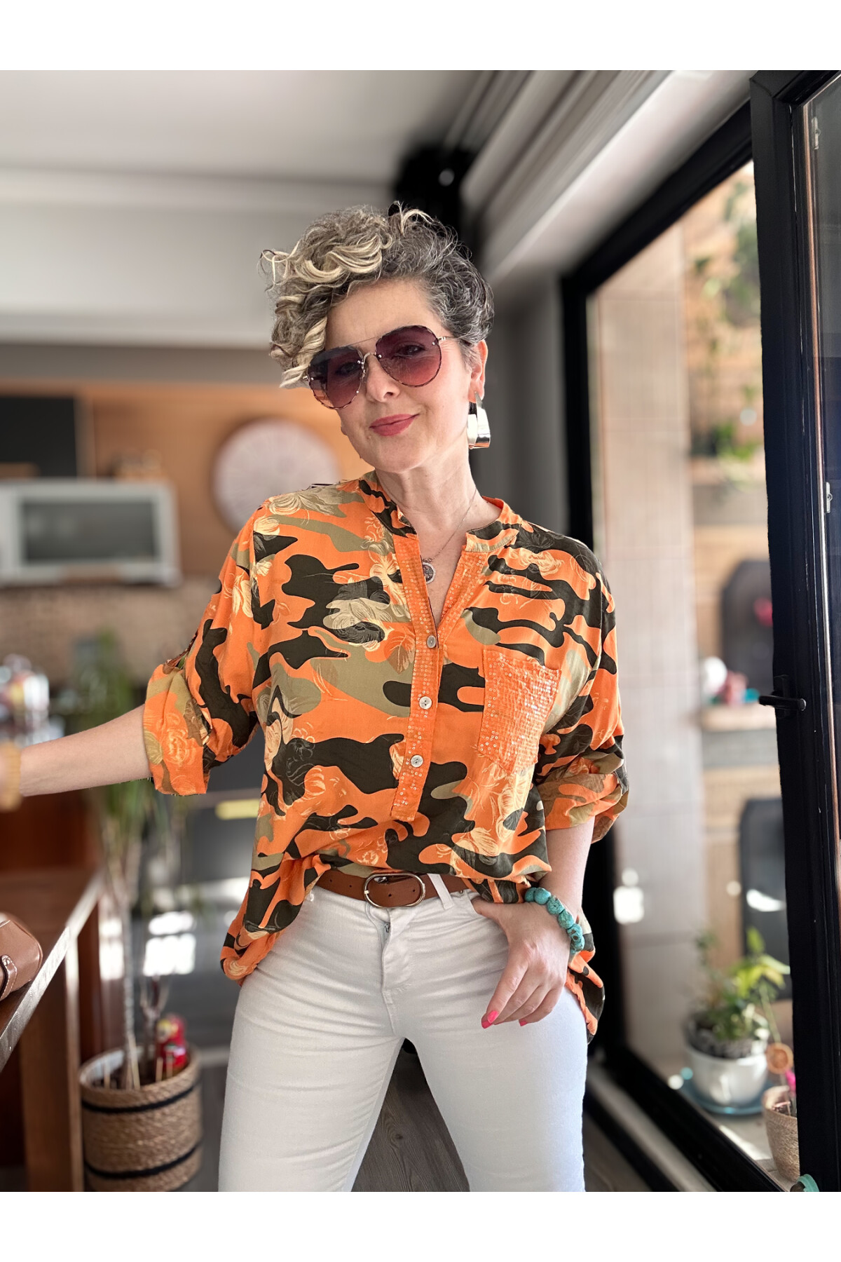 Gussi İtalyan Batik Kamuflaj Desen Pul Detay Gömlek Orange