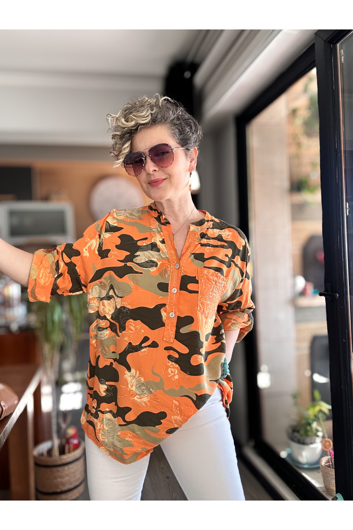 Gussi İtalyan Batik Kamuflaj Desen Pul Detay Gömlek Orange