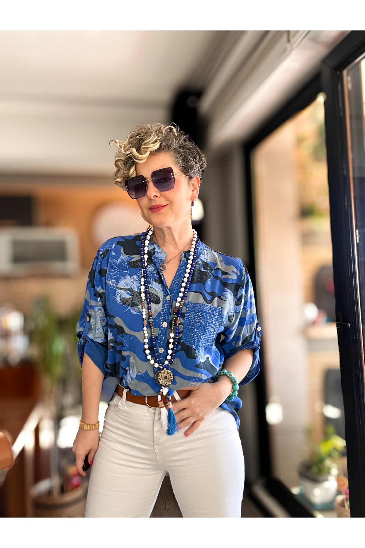 Gussi İtalyan Batik Kamuflaj Desen Pul Detay Gömlek Sax