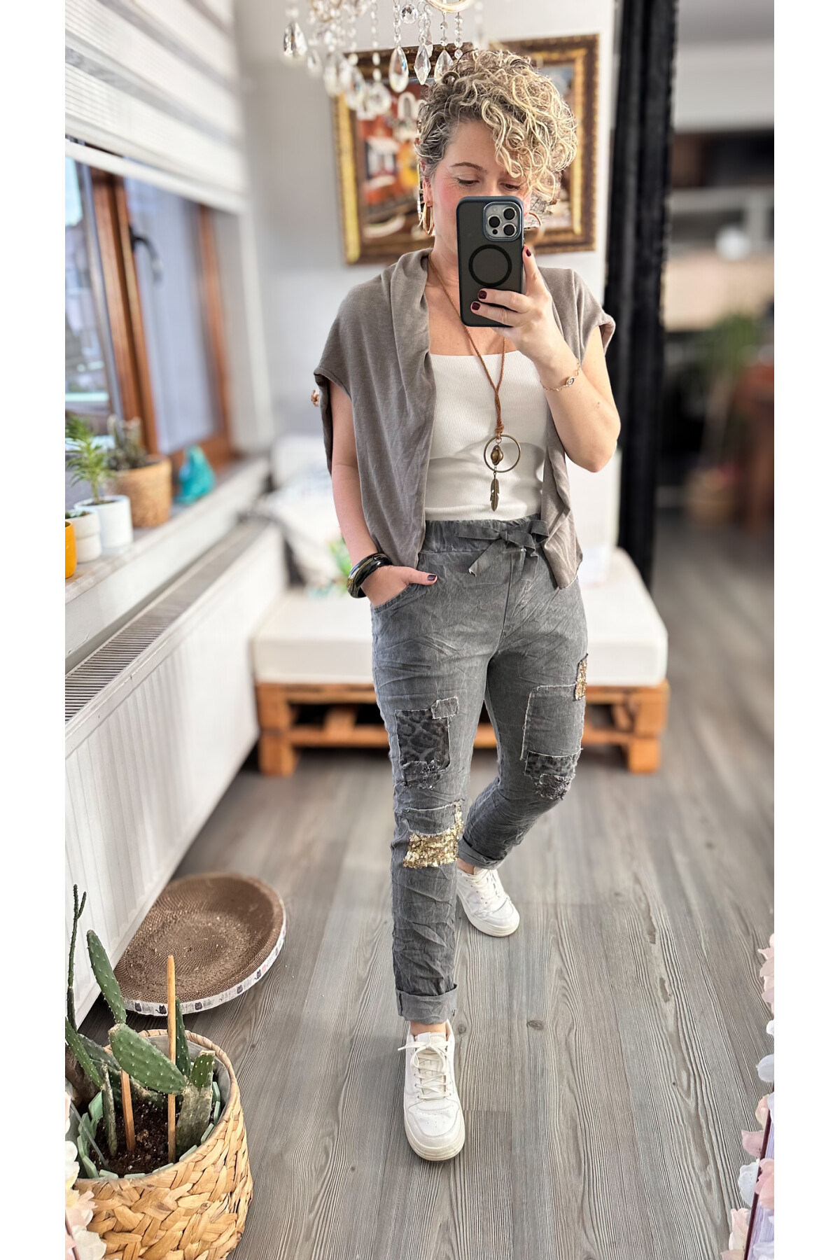 İtaliana Leopar Desen Pul Detaylı Sihirli Pantolon Antrasit