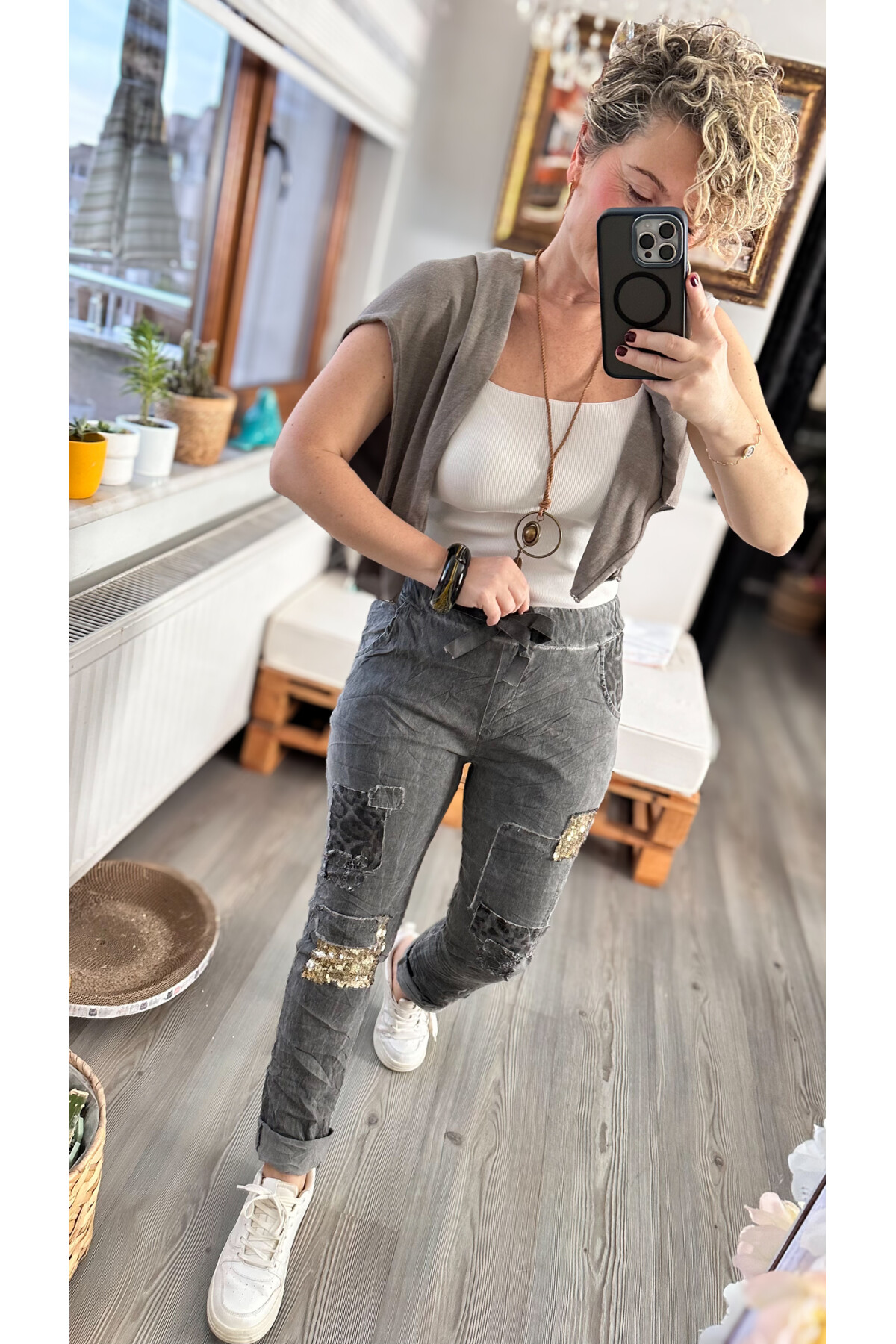 İtaliana Leopar Desen Pul Detaylı Sihirli Pantolon Antrasit