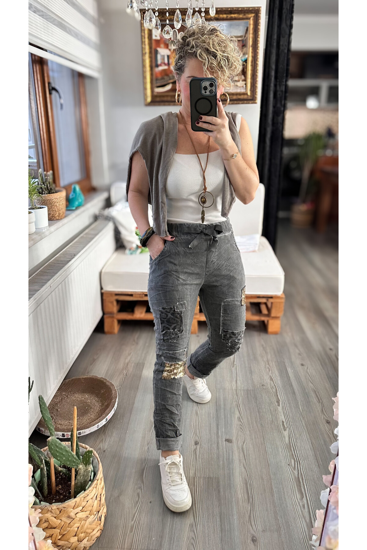 İtaliana Leopar Desen Pul Detaylı Sihirli Pantolon Antrasit