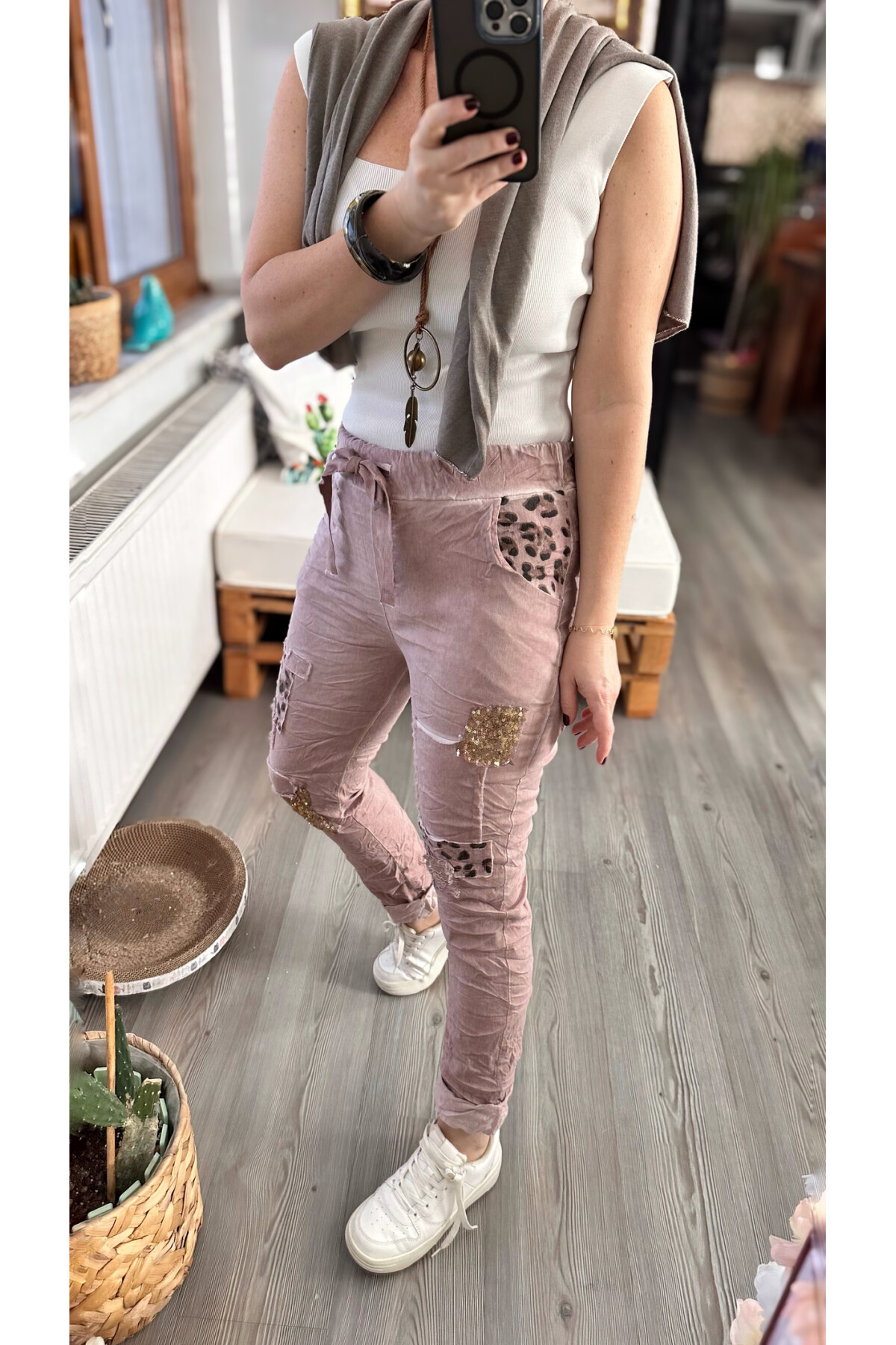 İtaliana Leopar Desen Pul Detaylı Sihirli Pantolon Pudra