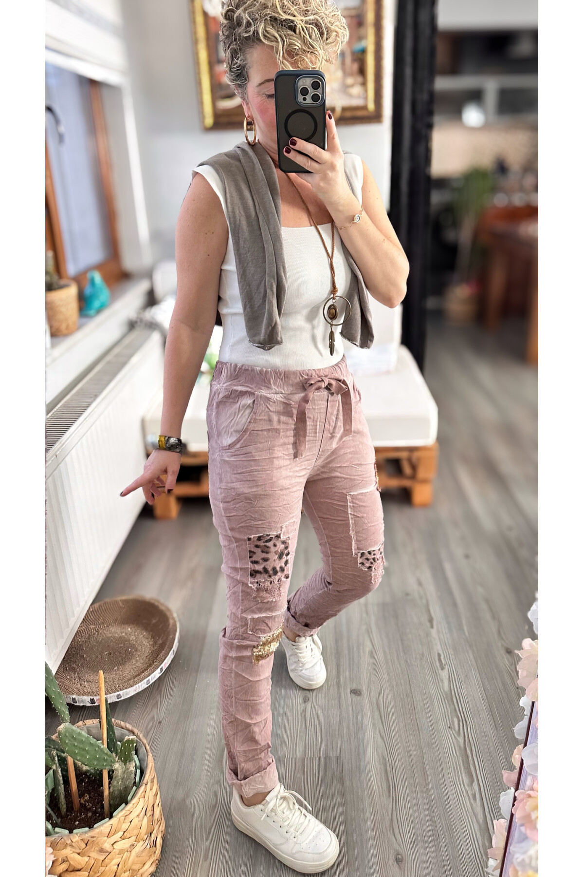 İtaliana Leopar Desen Pul Detaylı Sihirli Pantolon Pudra