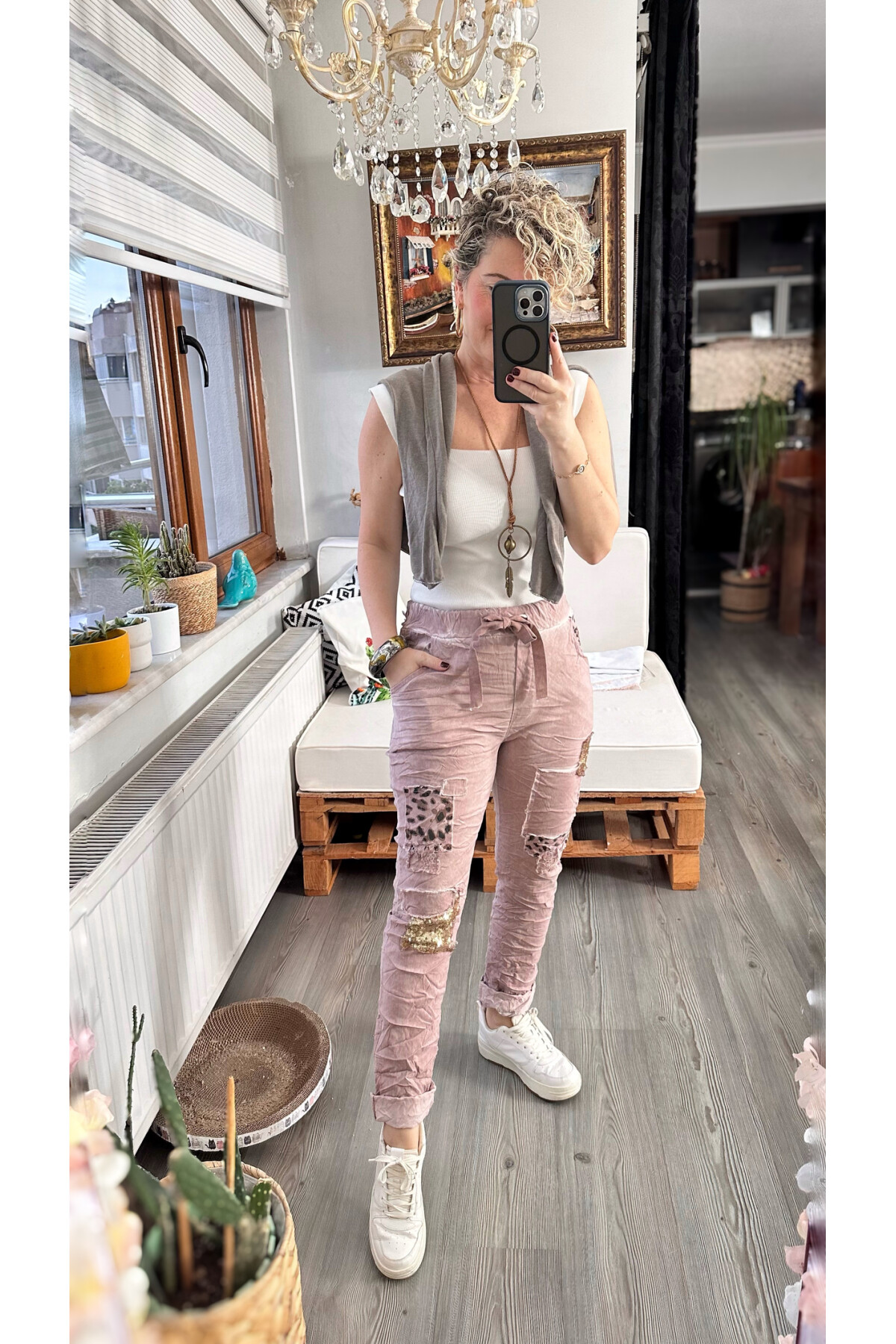 İtaliana Leopar Desen Pul Detaylı Sihirli Pantolon Pudra