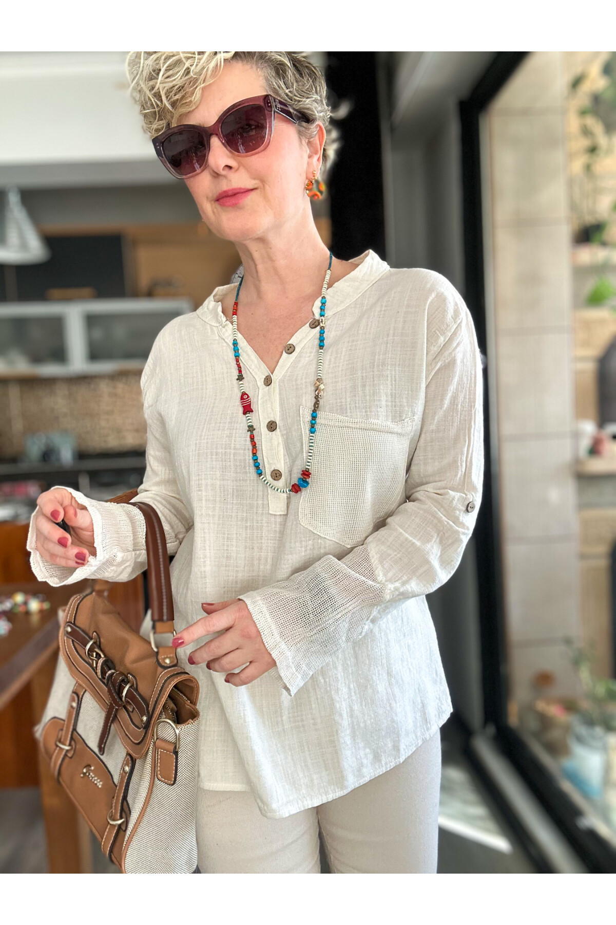 Jalli Tasarım Sırt File Detay Gömlek Bej