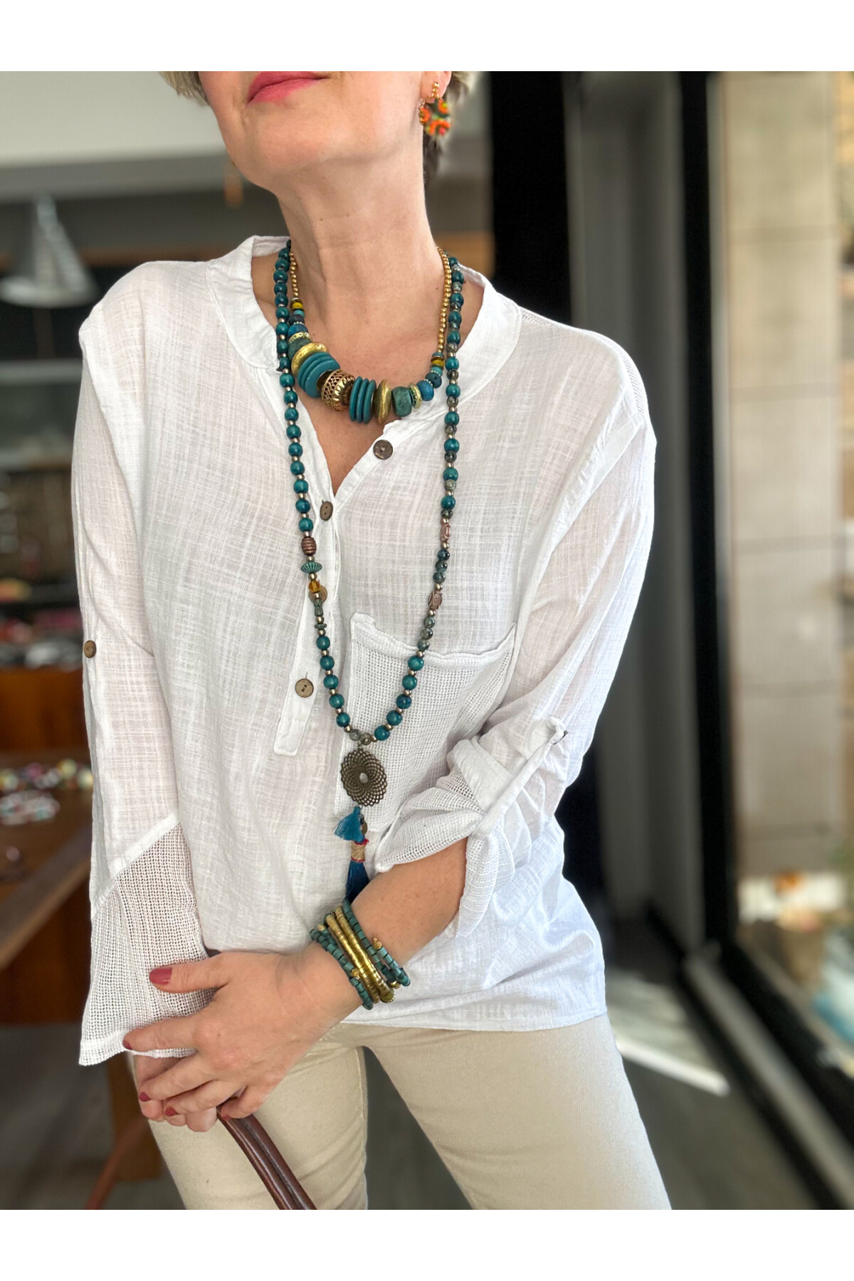 Jalli Tasarım Sırt File Detay Gömlek Beyaz