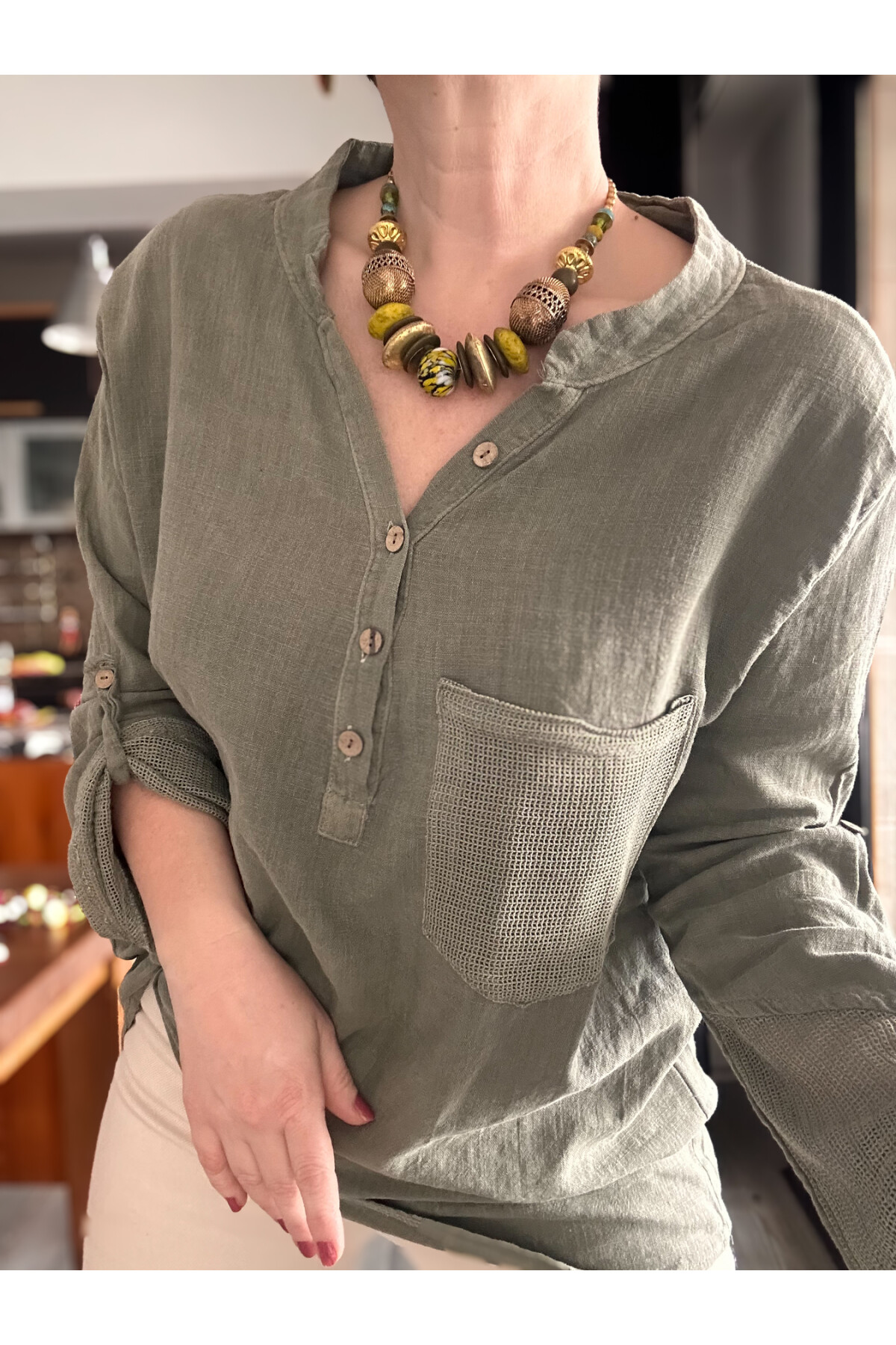 Jalli Tasarım Sırt File Detay Gömlek Haki