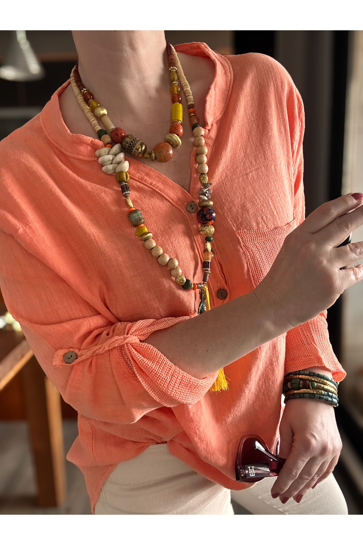 Jalli Tasarım Sırt File Detay Gömlek Turuncu