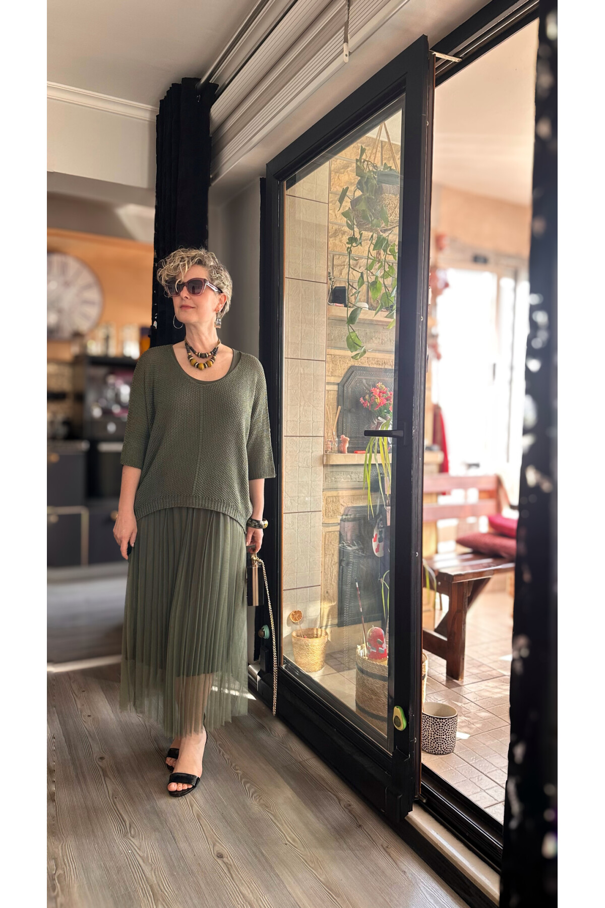 Janine İtalyan Merserize Bluz Takım Elbise Haki