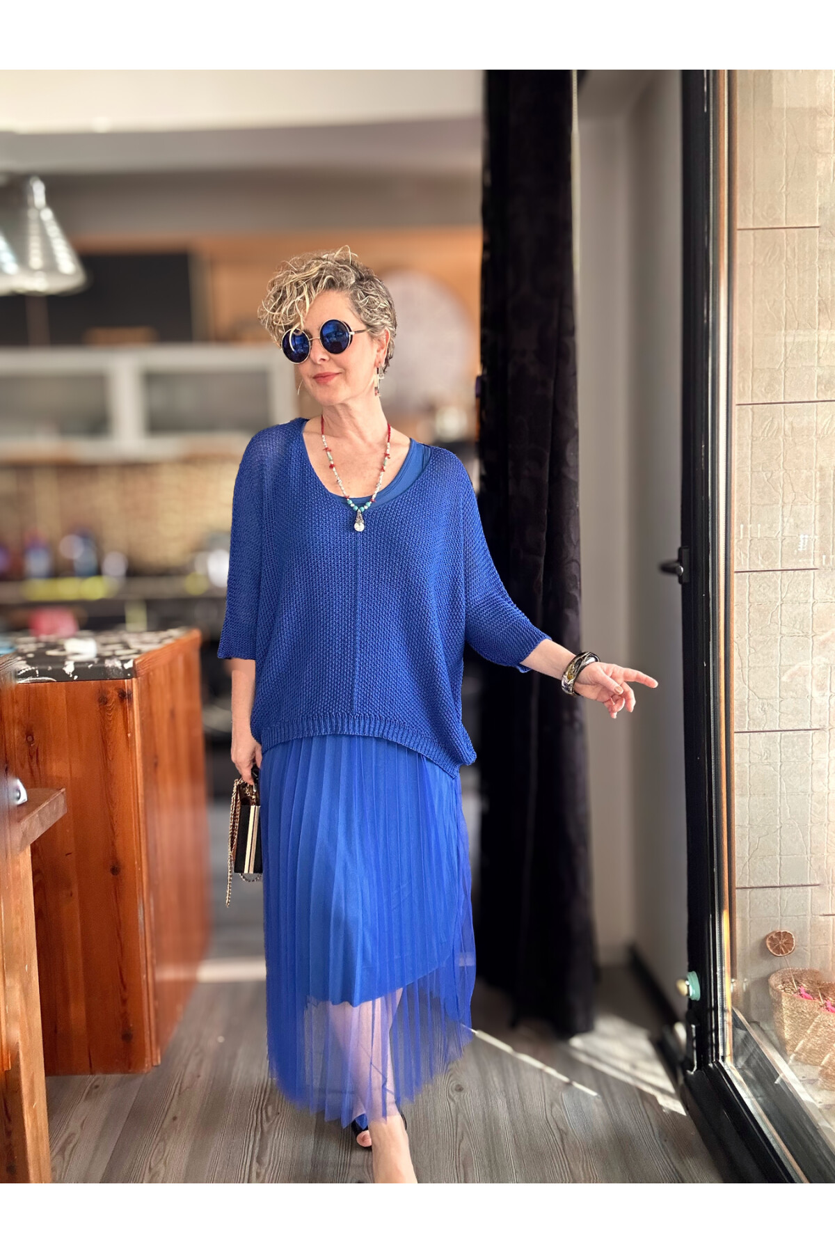 Janine İtalyan Merserize Bluz Takım Elbise Saks