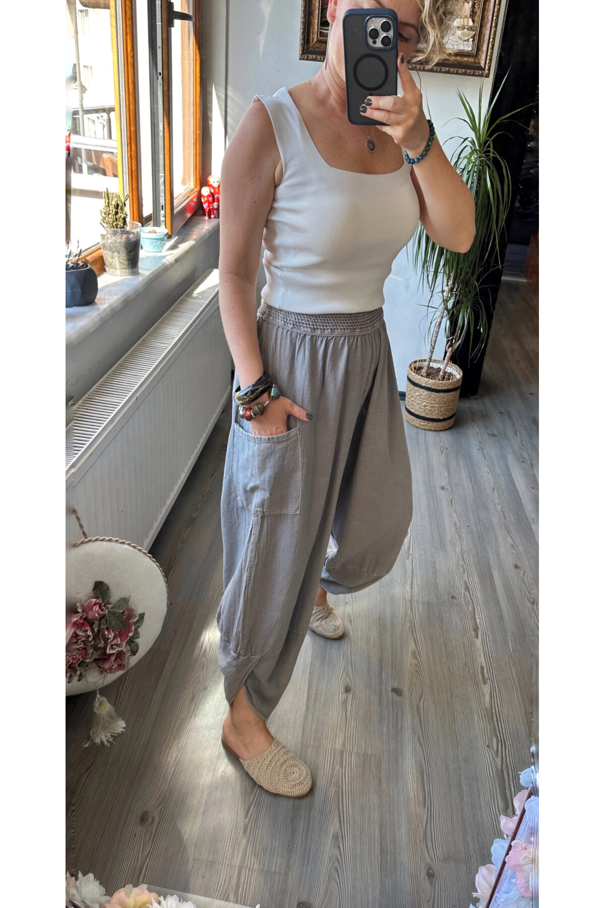 Jimmy V Paça Detaylı Bel Lastik Pamuk Pantalon Açık Gri