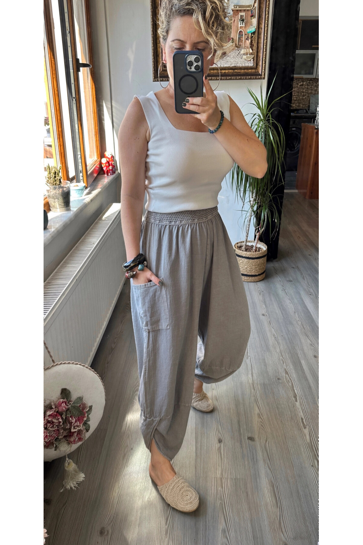 Jimmy V Paça Detaylı Bel Lastik Pamuk Pantalon Açık Gri