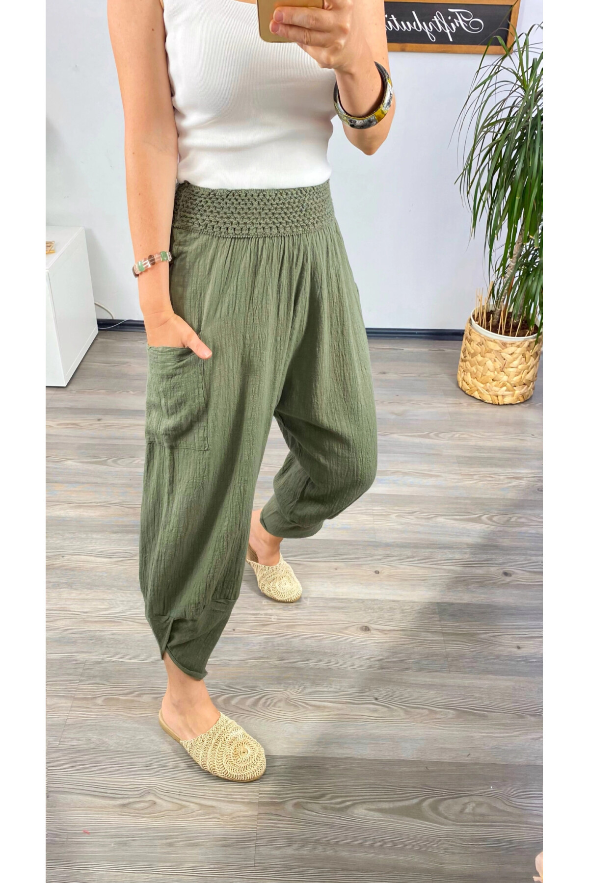 Jimmy V Paça Detaylı Bel Lastik Pamuk Pantalon Haki