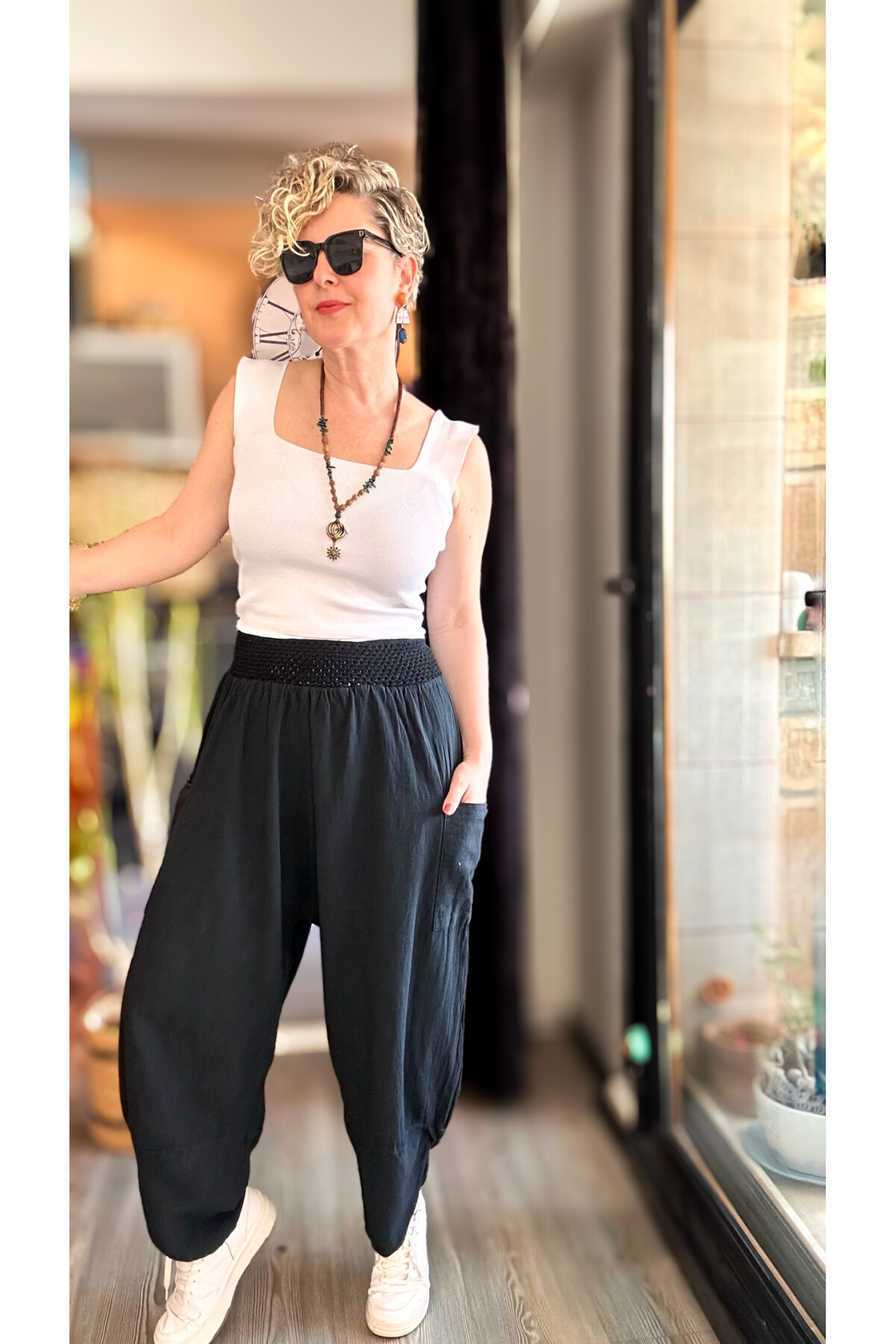 Jimmy V Paça Detaylı Bel Lastik Pamuk Pantalon Siyah