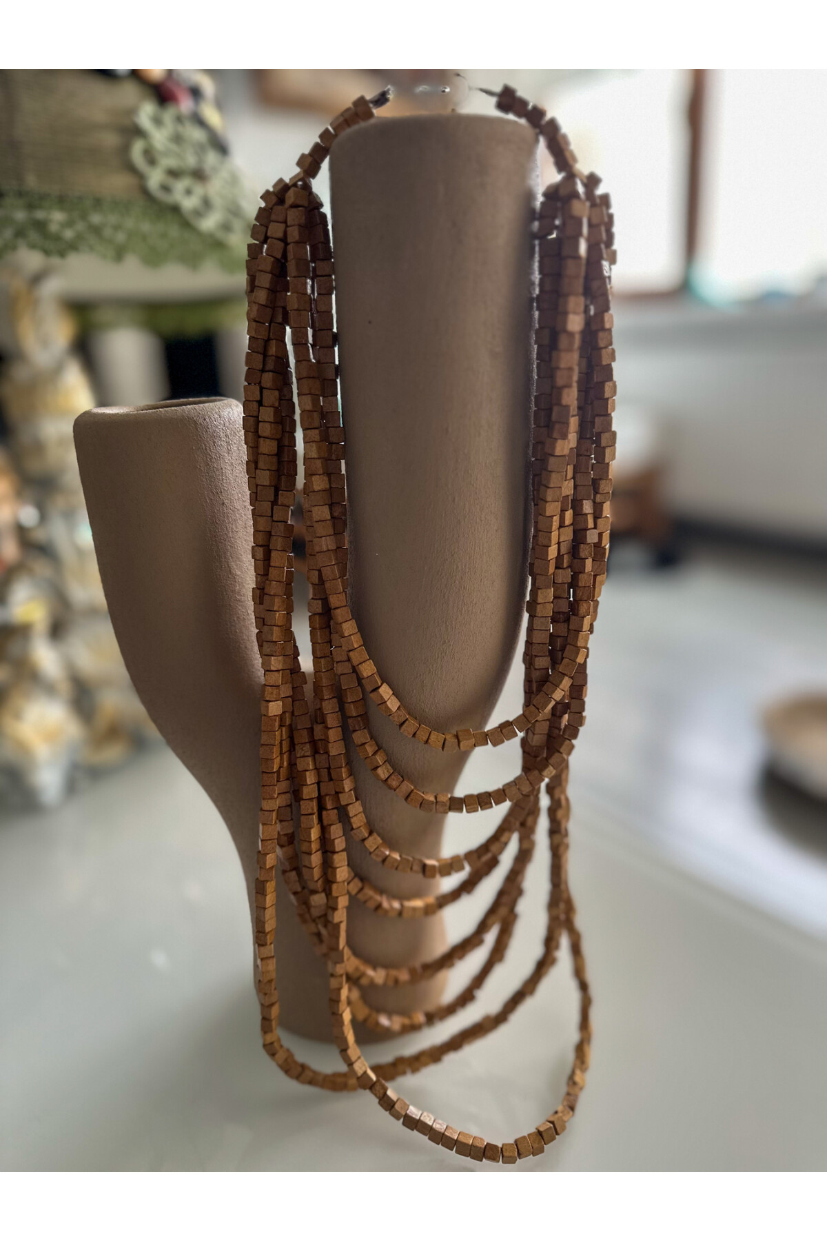 Kahverengi Tahta Otantik Sekiz Sıra Kolye