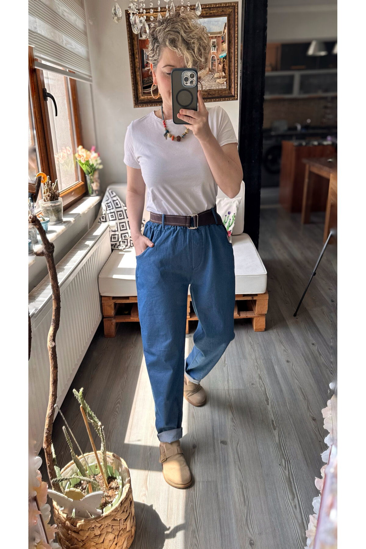 Kessi İtalyan Balon Kemerli Pantolon Tencel İndigo Mavi