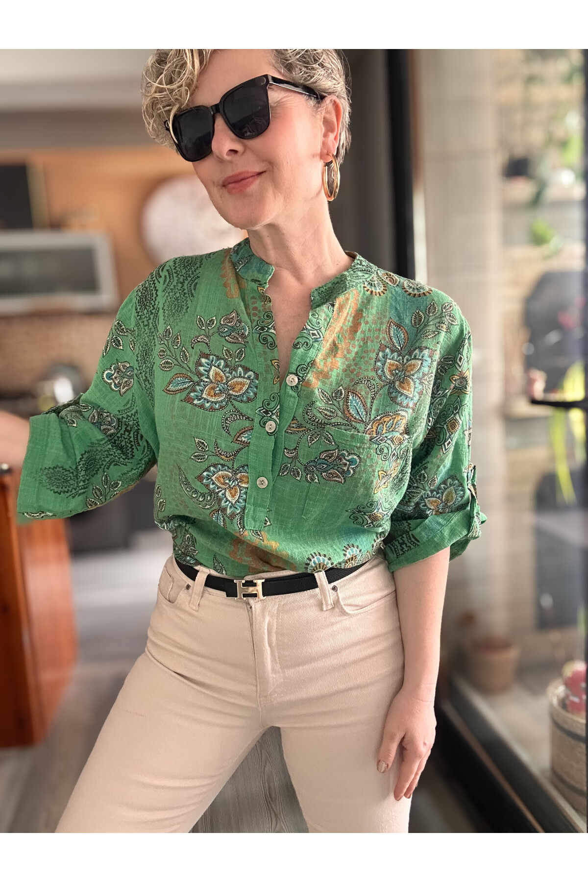 Lanis Şal Desen İtalyan Gömlek Yeşil