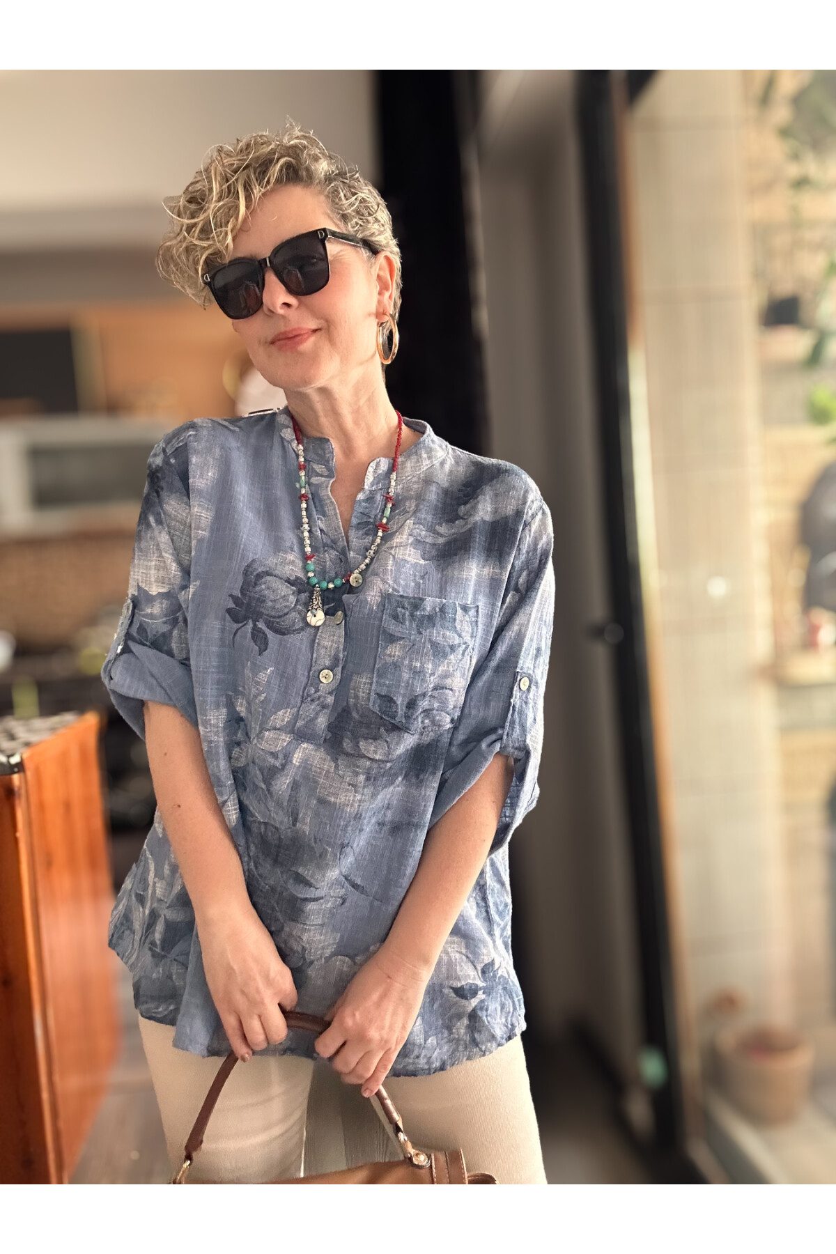 Latre Yaprak Desen İtalyan Gömlek İndigo