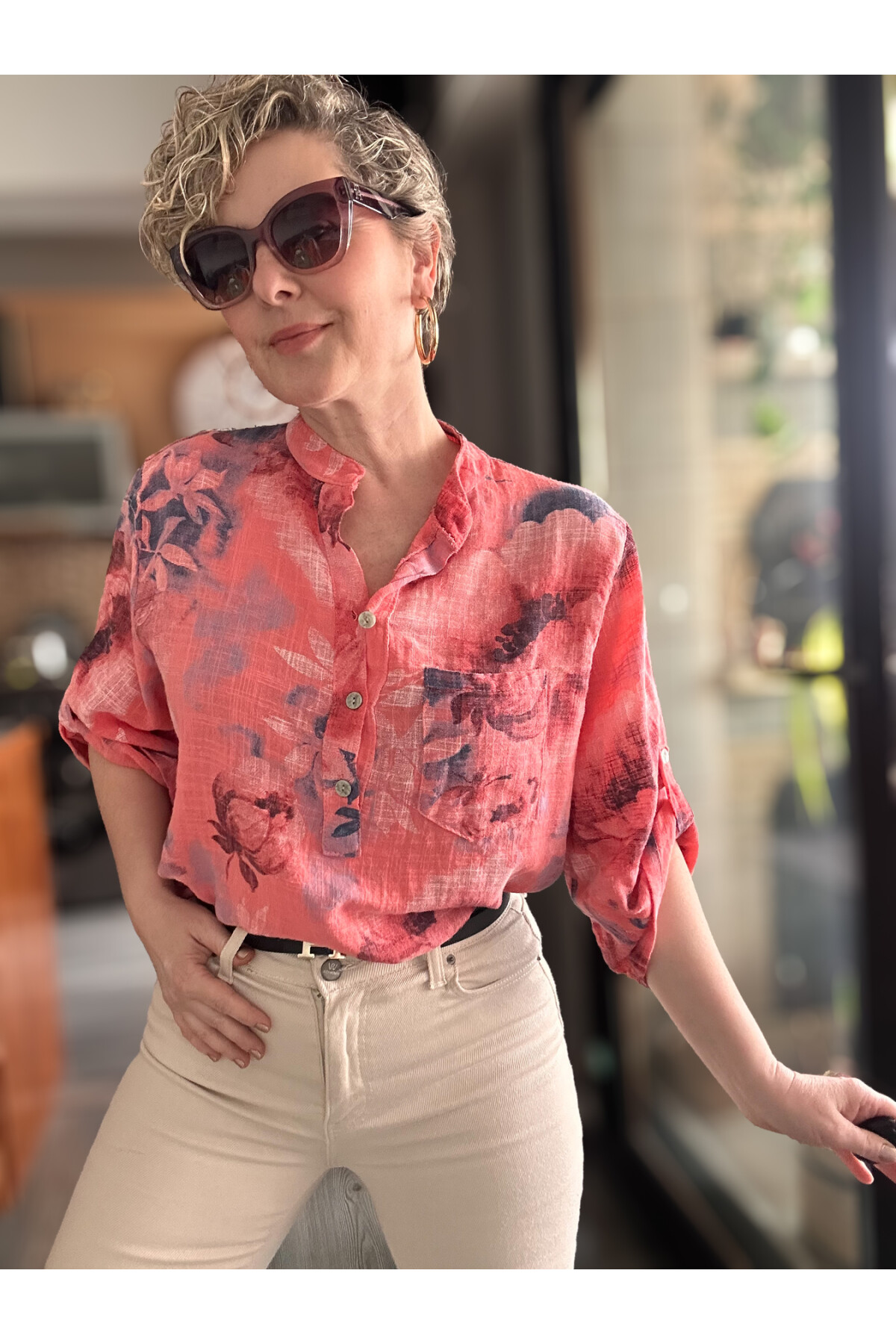 Latre Yaprak Desen İtalyan Gömlek Mercan