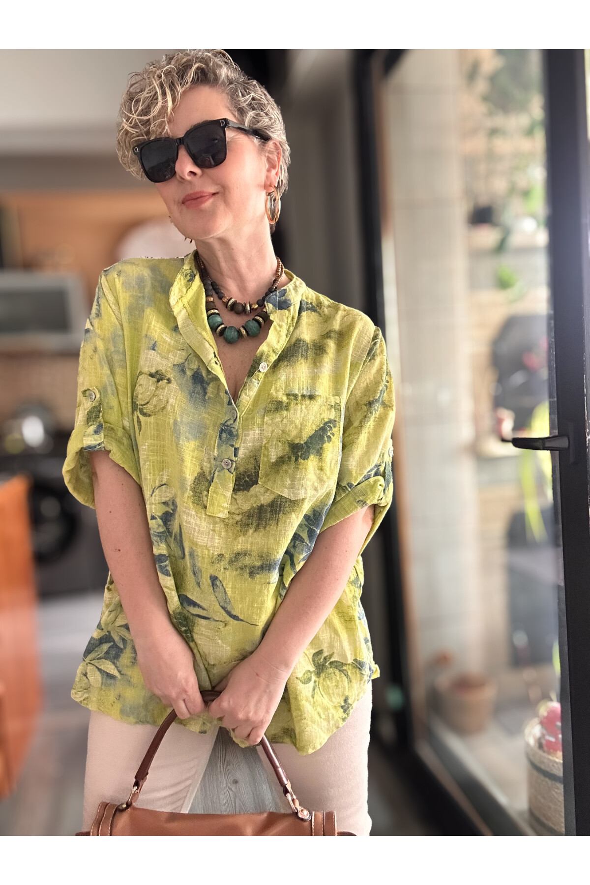 Latre Yaprak Desen İtalyan Gömlek Sarı