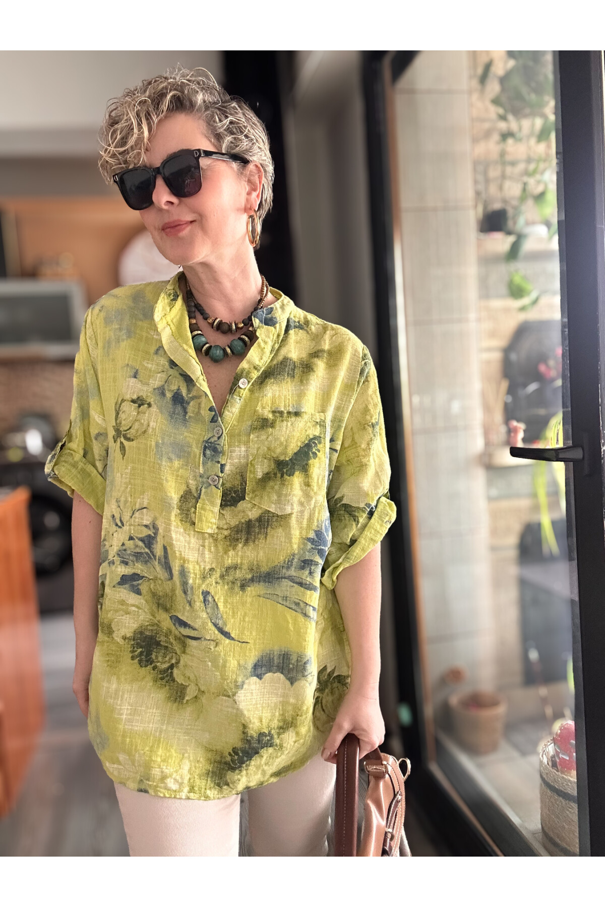 Latre Yaprak Desen İtalyan Gömlek Sarı