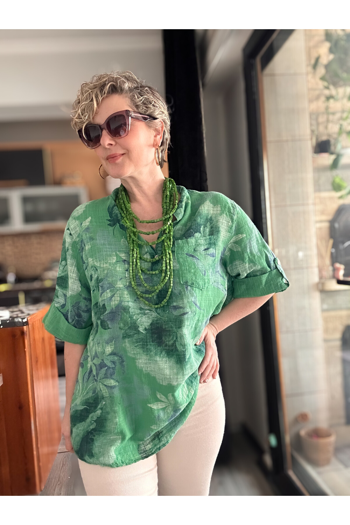 Latre Yaprak Desen İtalyan Gömlek Yeşil