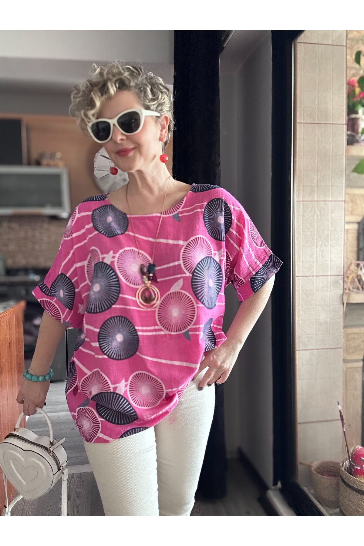 Limmo Desenli  İthal Kolyeli Tasarım Bluz Fuşya