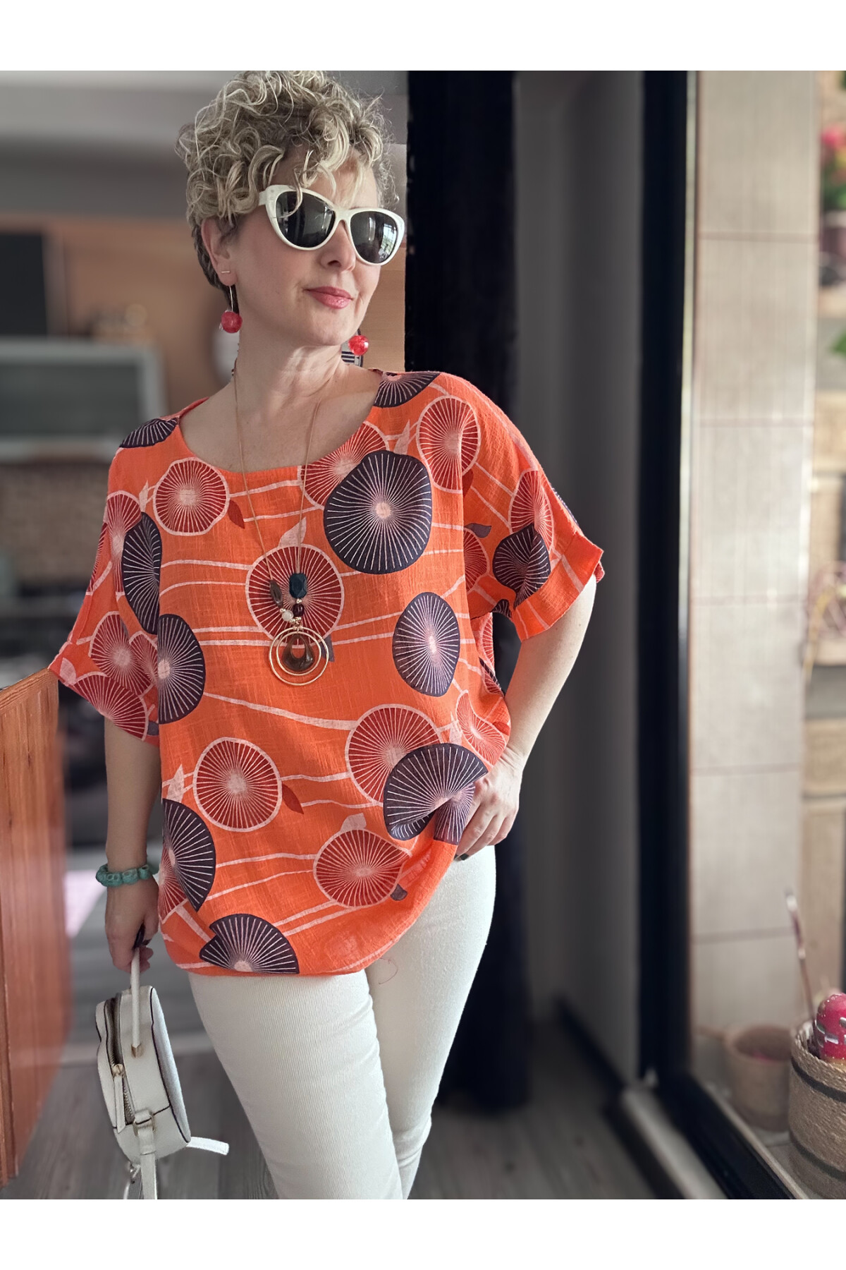 Limmo Desenli  İthal Kolyeli Tasarım Bluz Orange