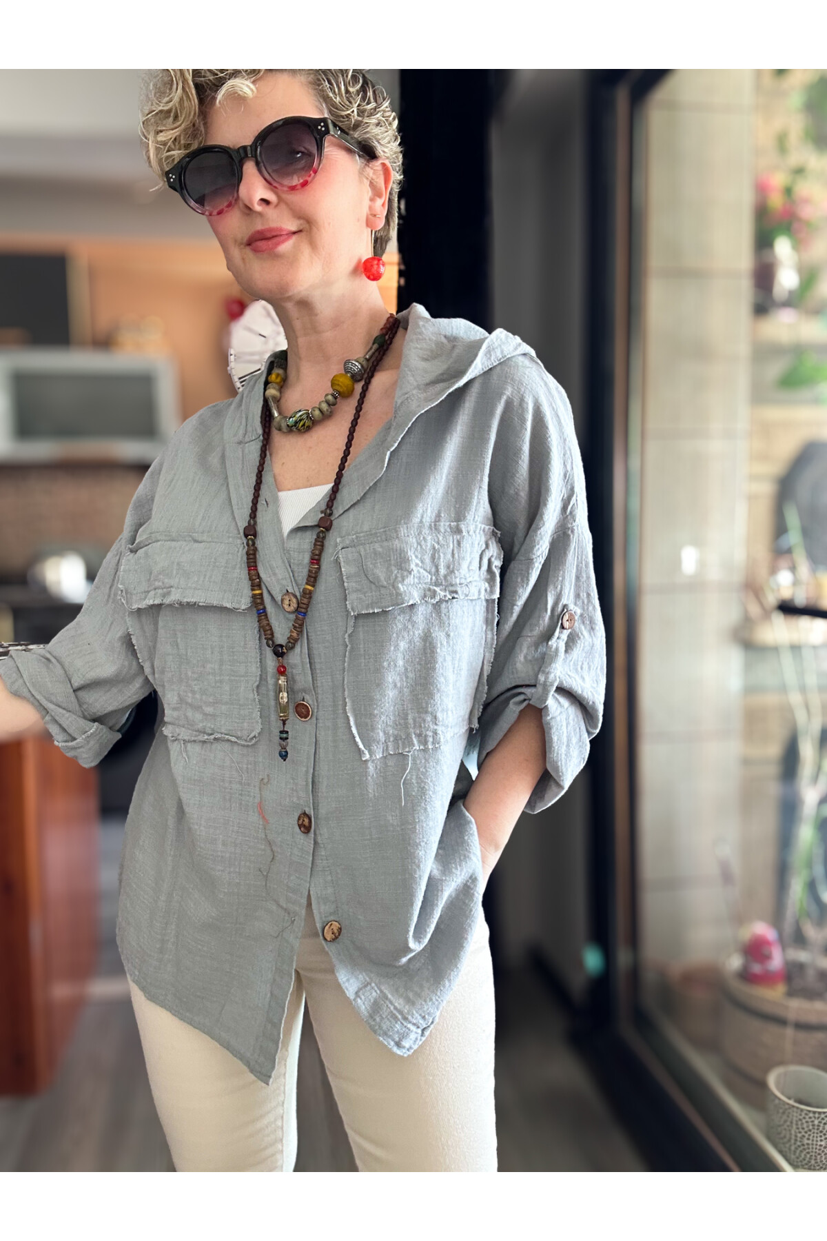 Lolly Vintage Kapşonlu Gömlek Ceket Açık Gri