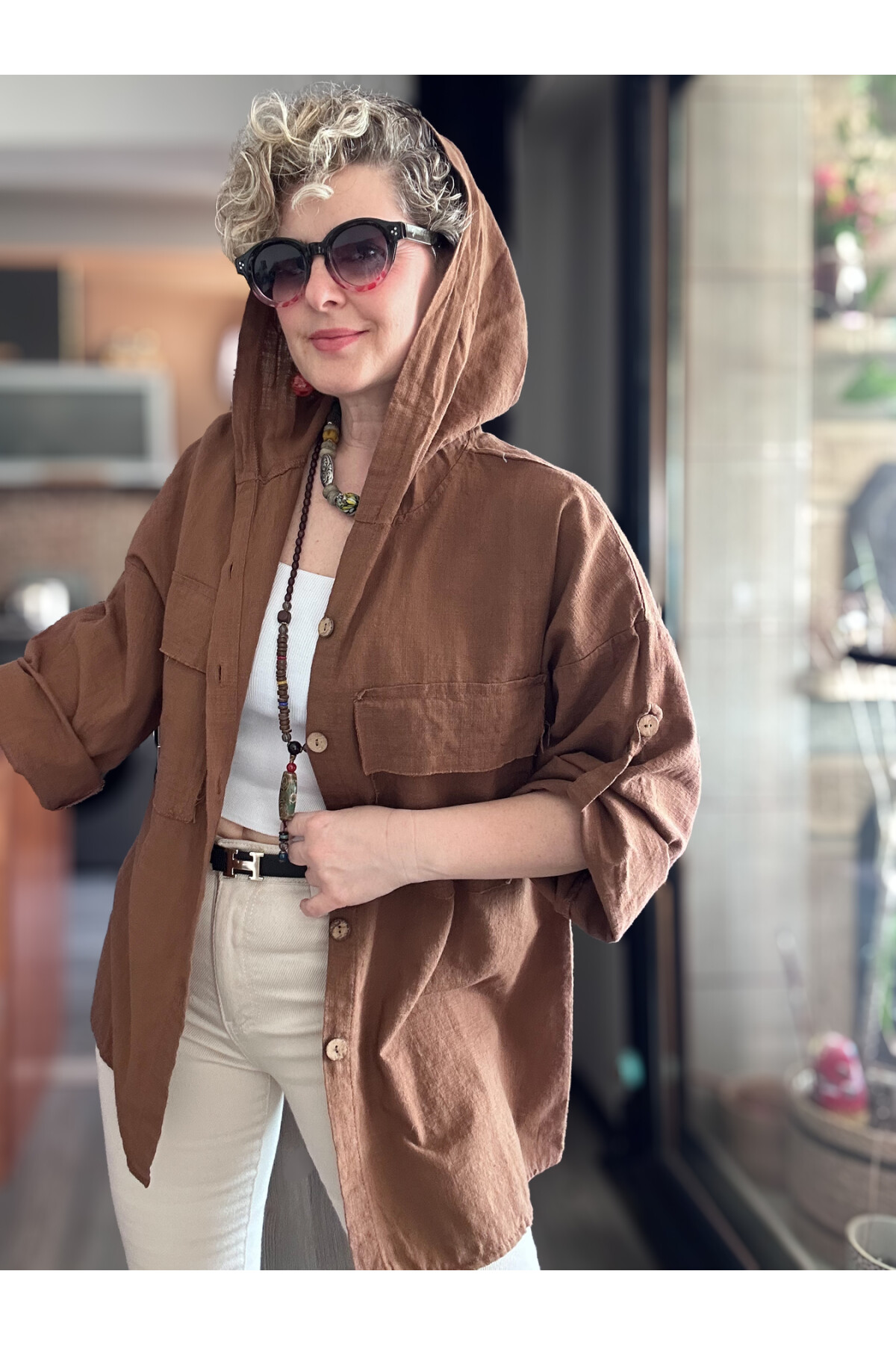 Lolly Vintage Kapşonlu Gömlek Ceket Kahve