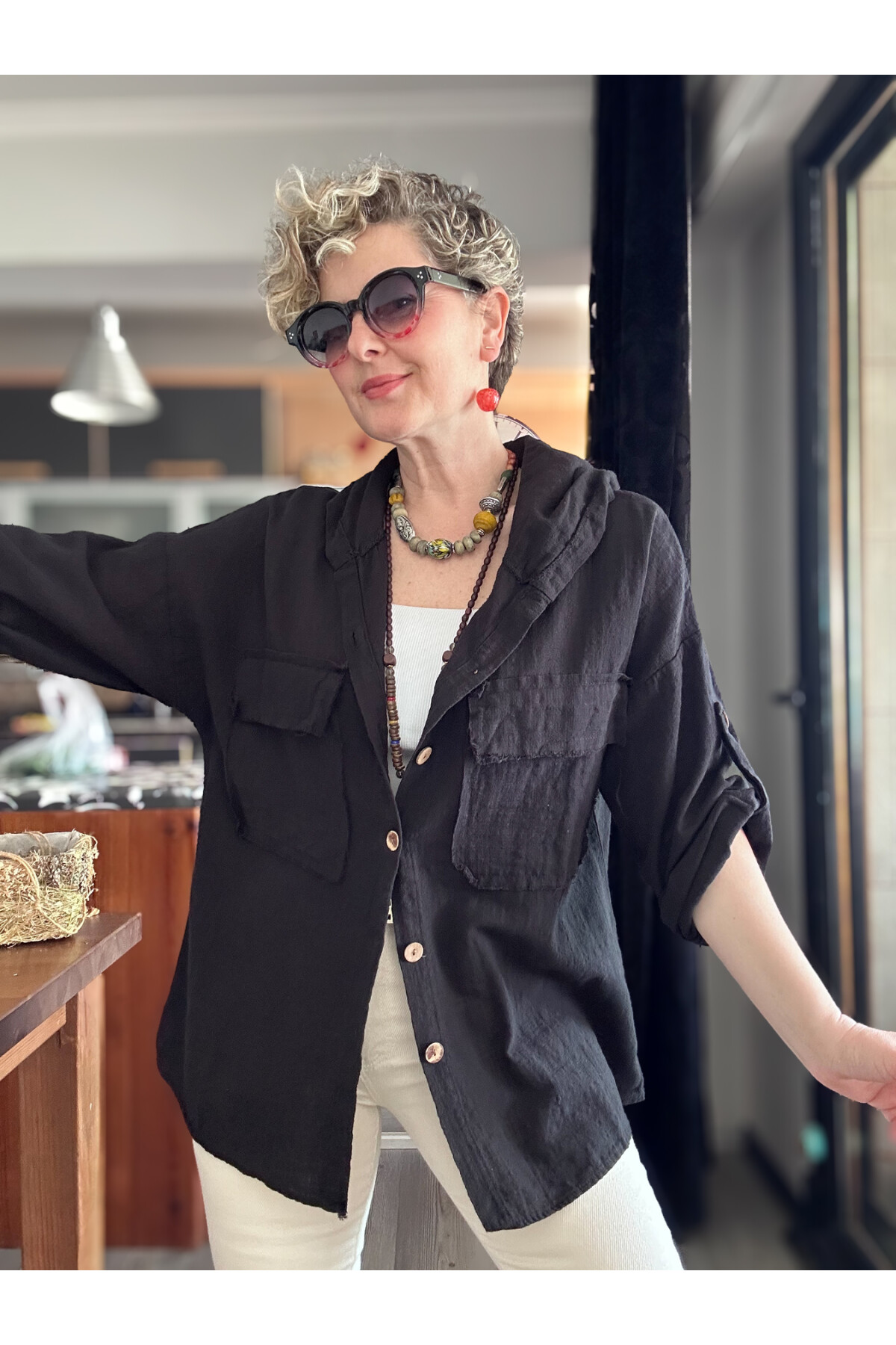 Lolly Vintage Kapşonlu Gömlek Ceket Siyah