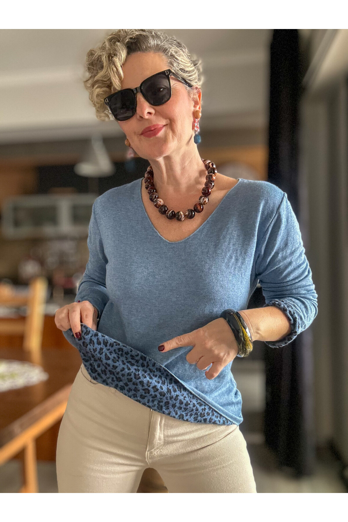 Maggi Leopar Desen V Yaka Triko İndigo