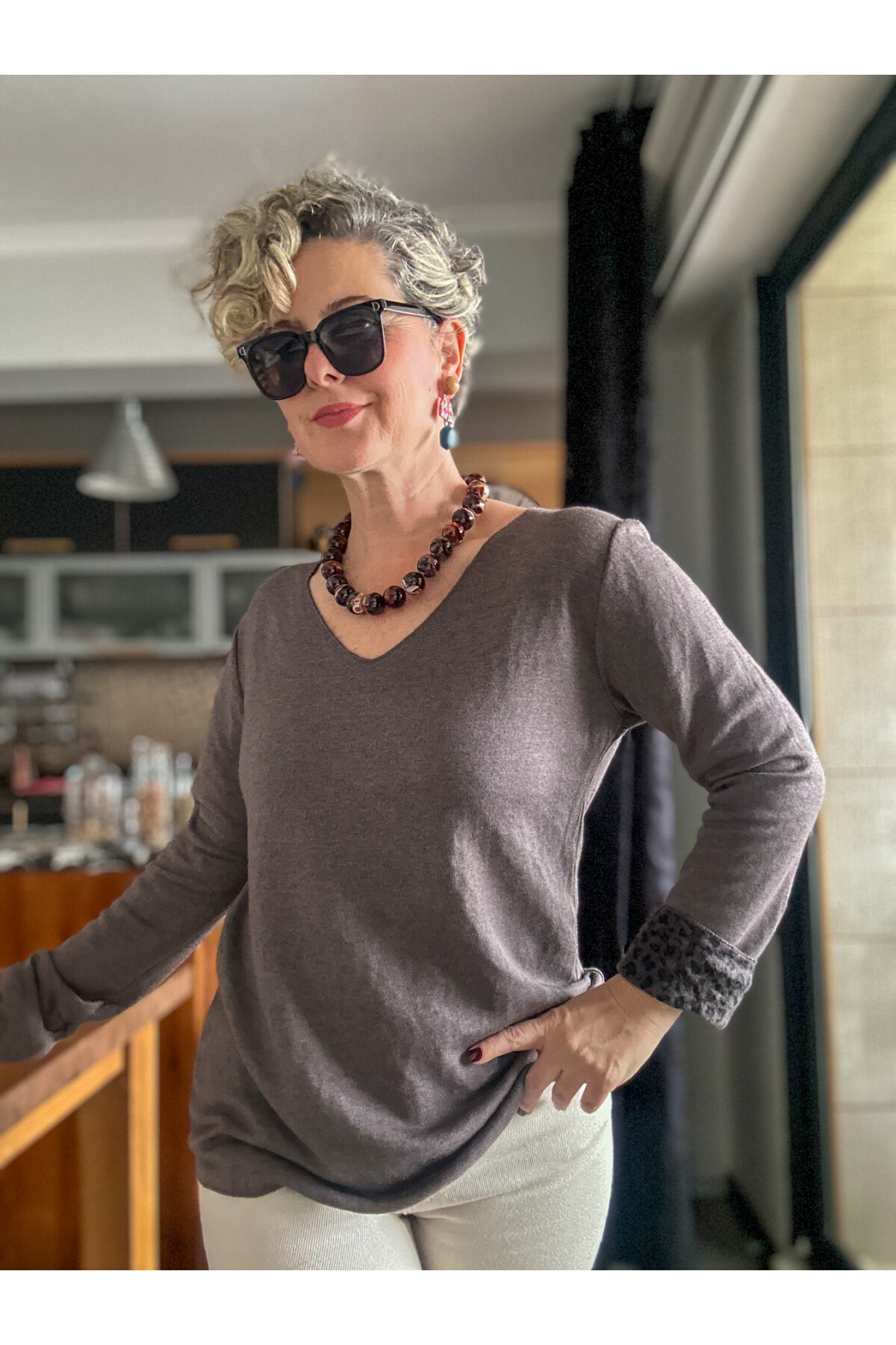 Maggi Leopar Desen V Yaka Triko Kahve