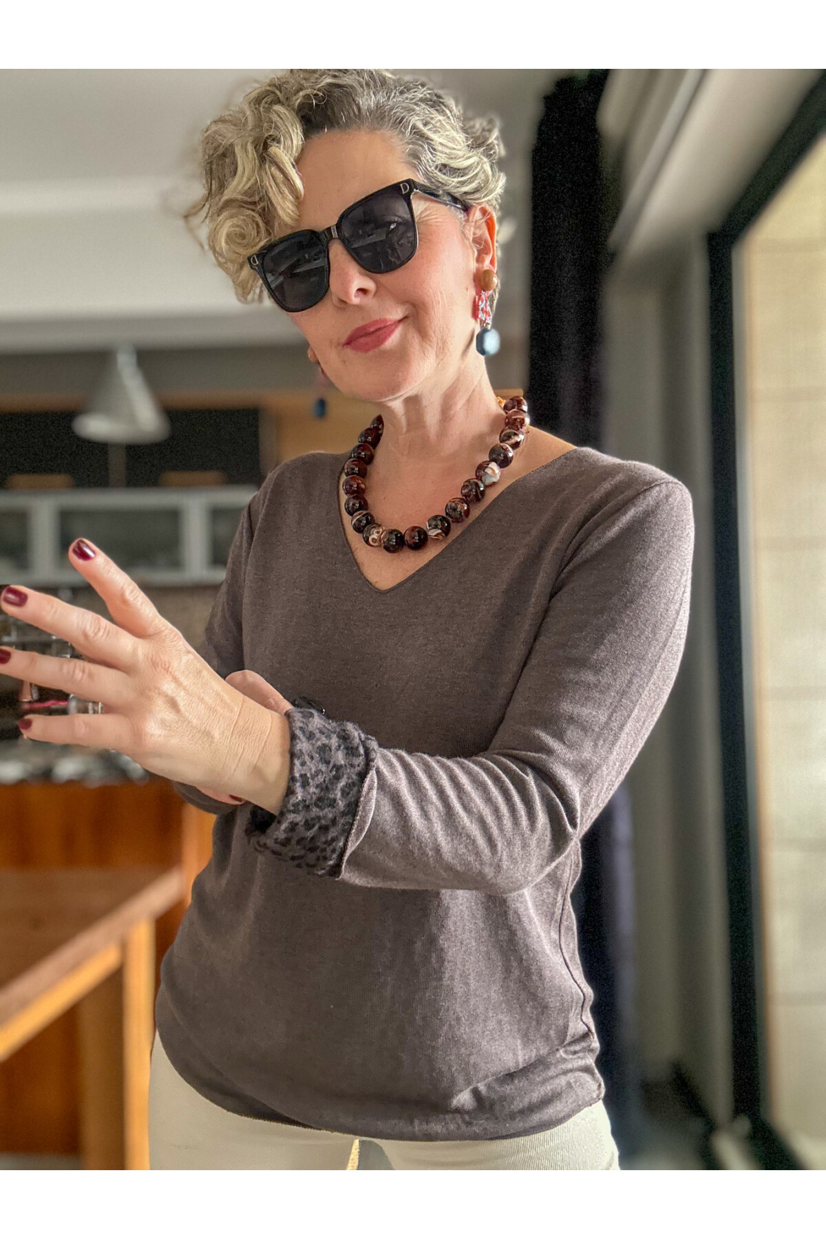 Maggi Leopar Desen V Yaka Triko Kahve