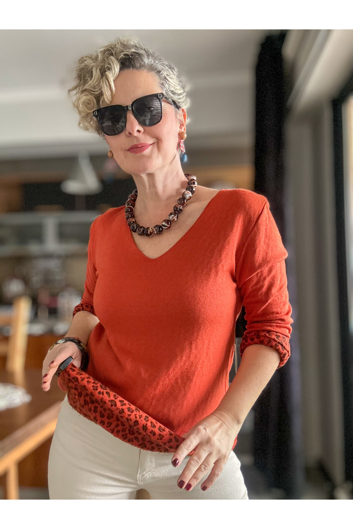 Maggi Leopar Desen V Yaka Triko Kiremit