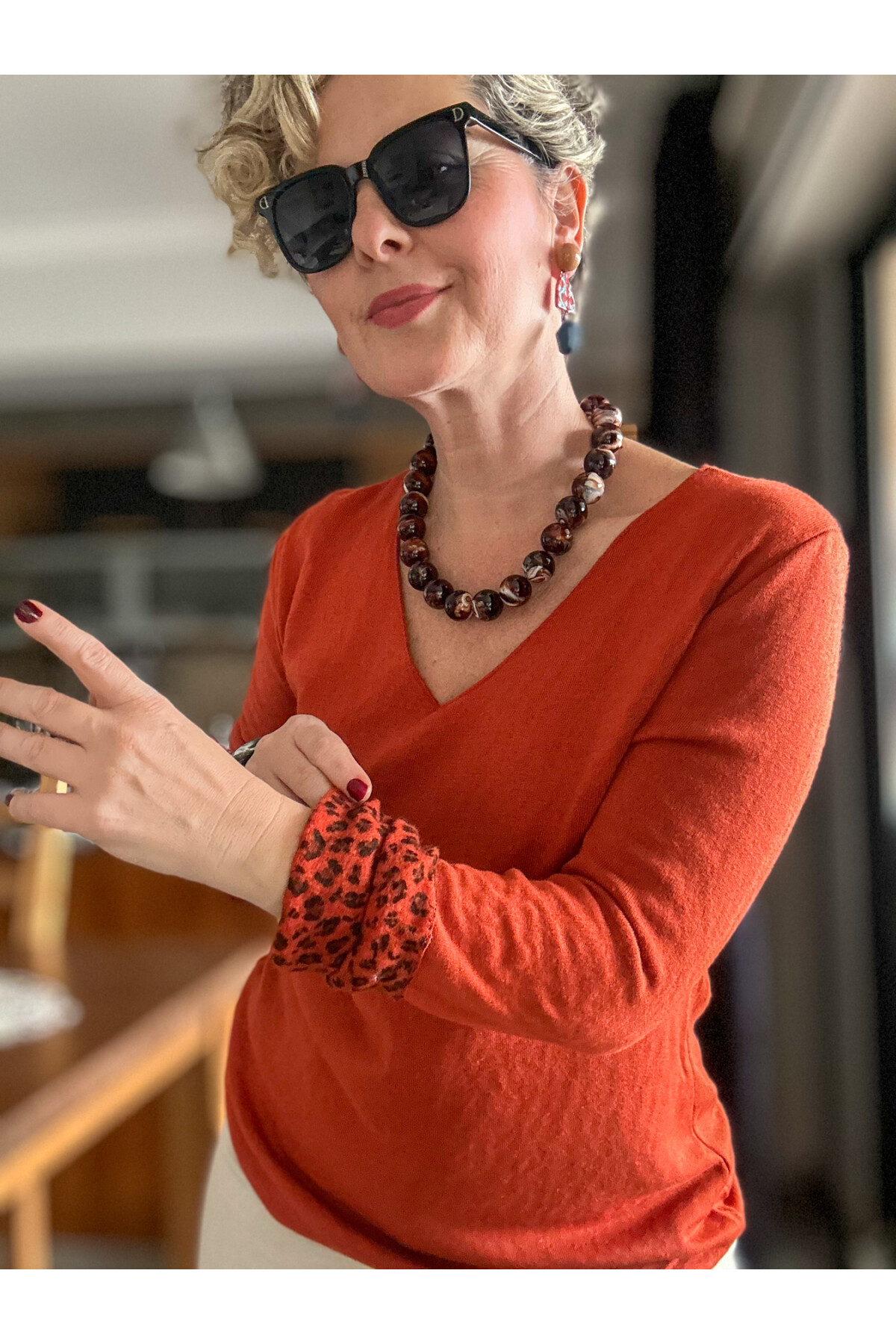 Maggi Leopar Desen V Yaka Triko Kiremit