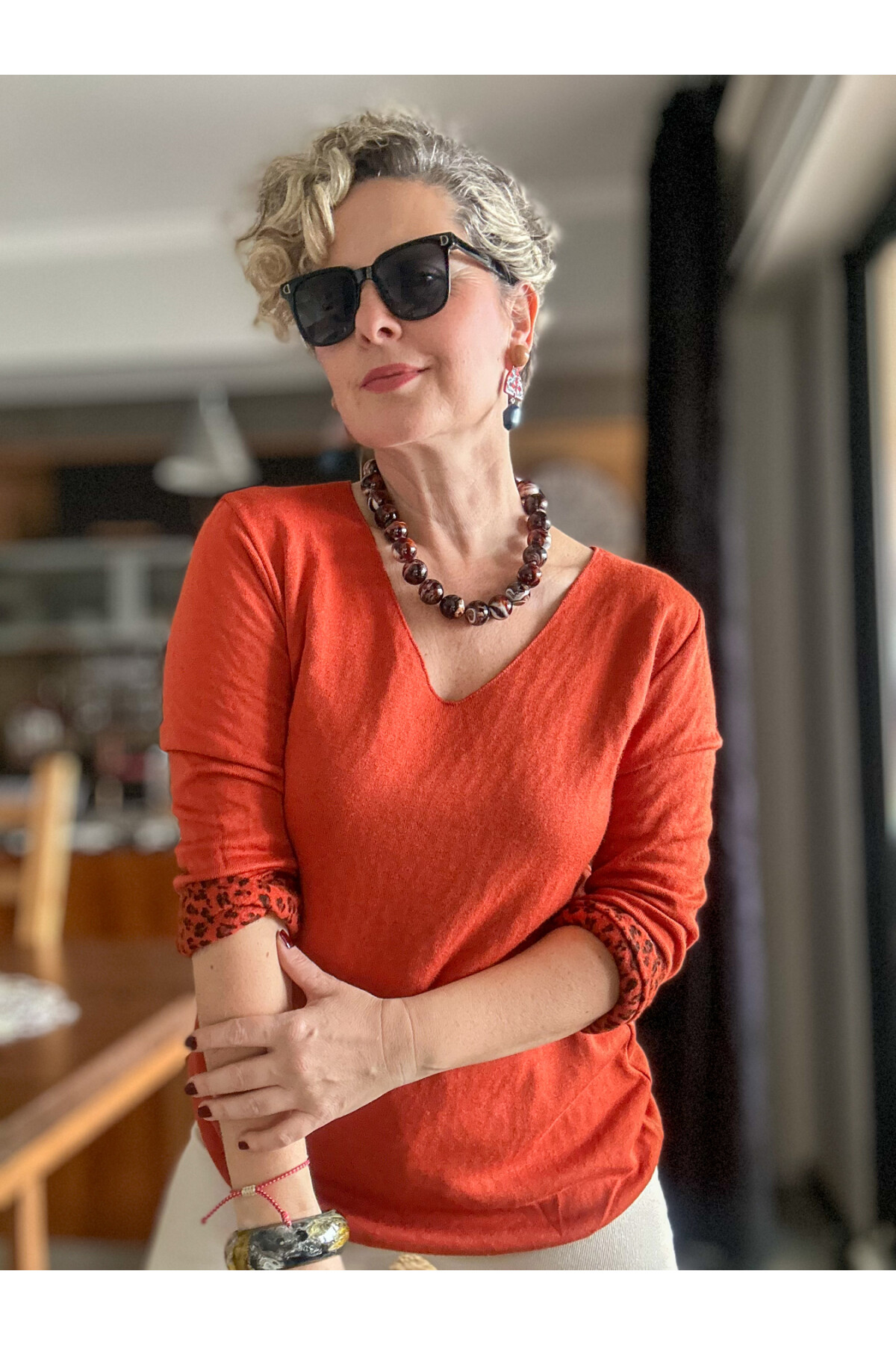 Maggi Leopar Desen V Yaka Triko Kiremit