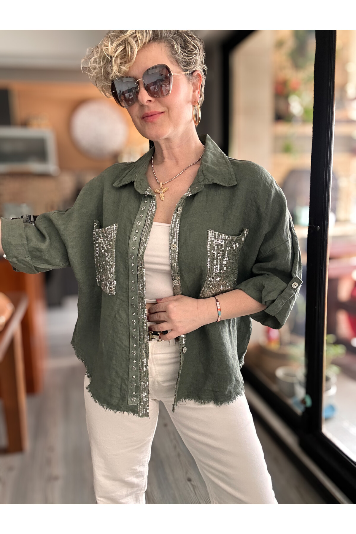 Marnis İtalyan Vip Pul Payet Detay Gömlek Ceket Haki