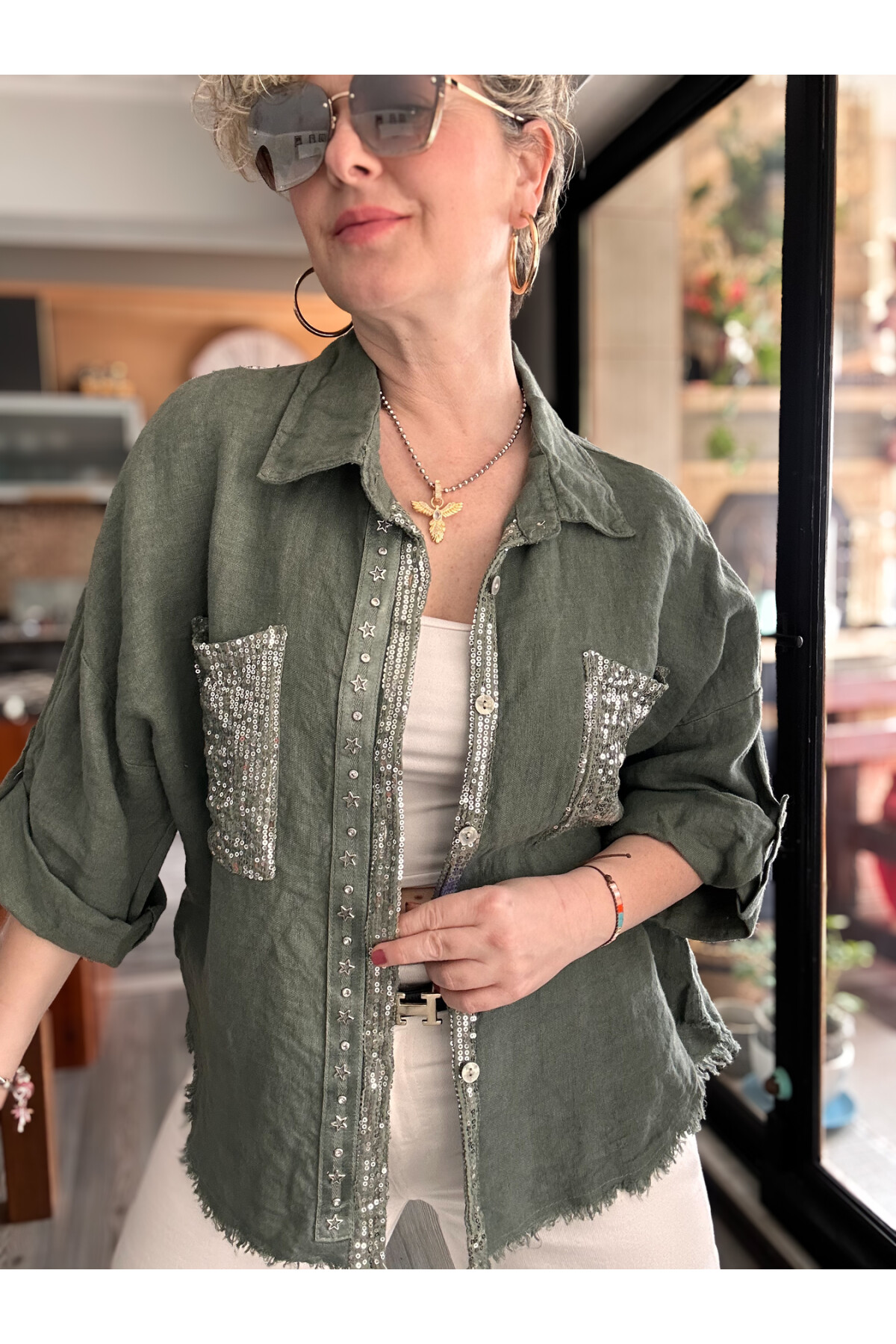 Marnis İtalyan Vip Pul Payet Detay Gömlek Ceket Haki