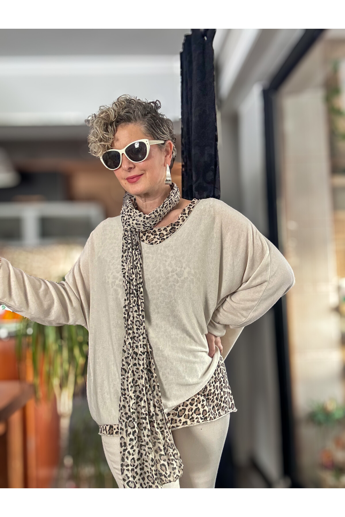 Meloni İtalyan Fularlı Atletli Bluz Triko Takım Beige